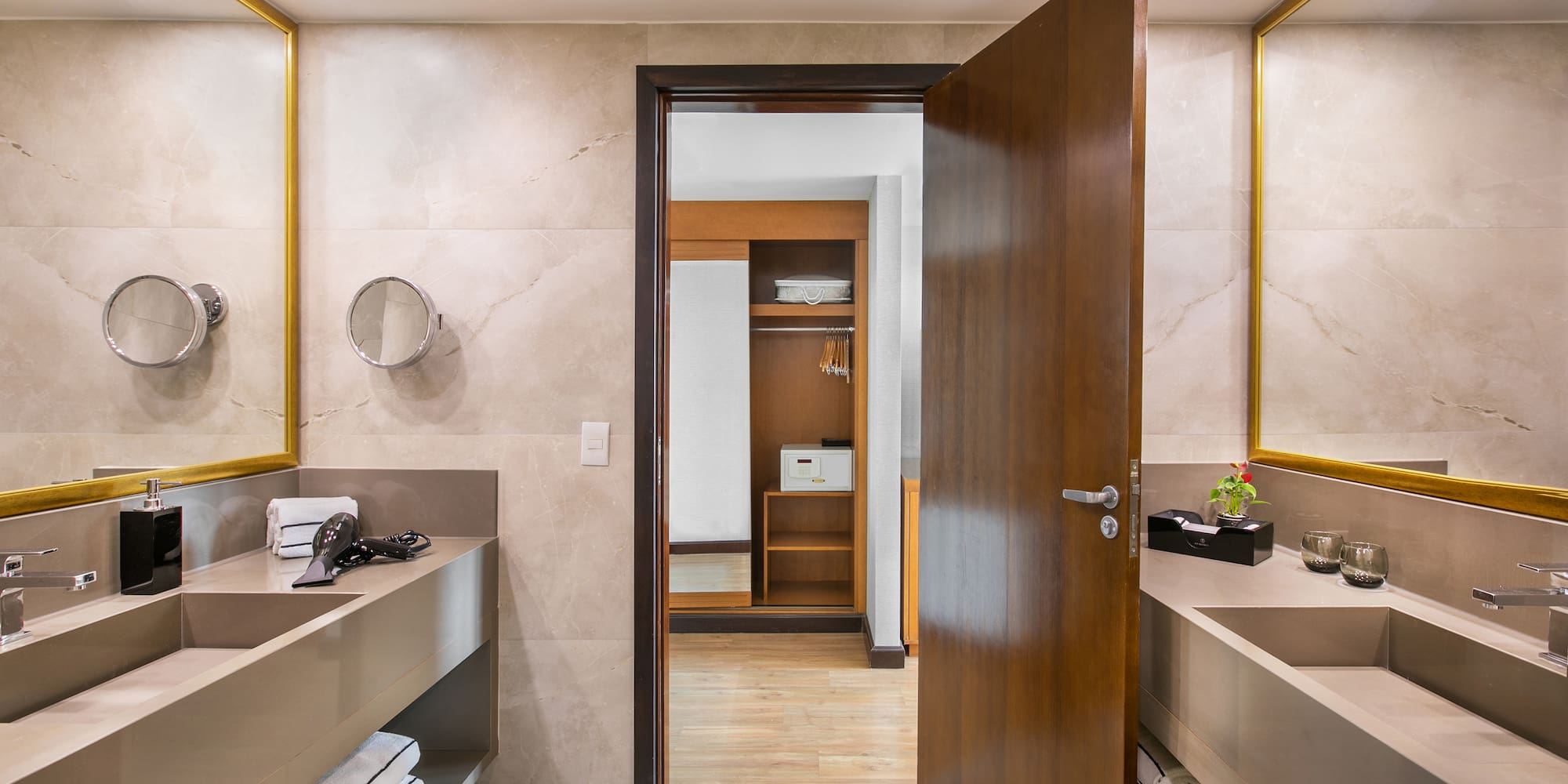 a bathroom with a door open