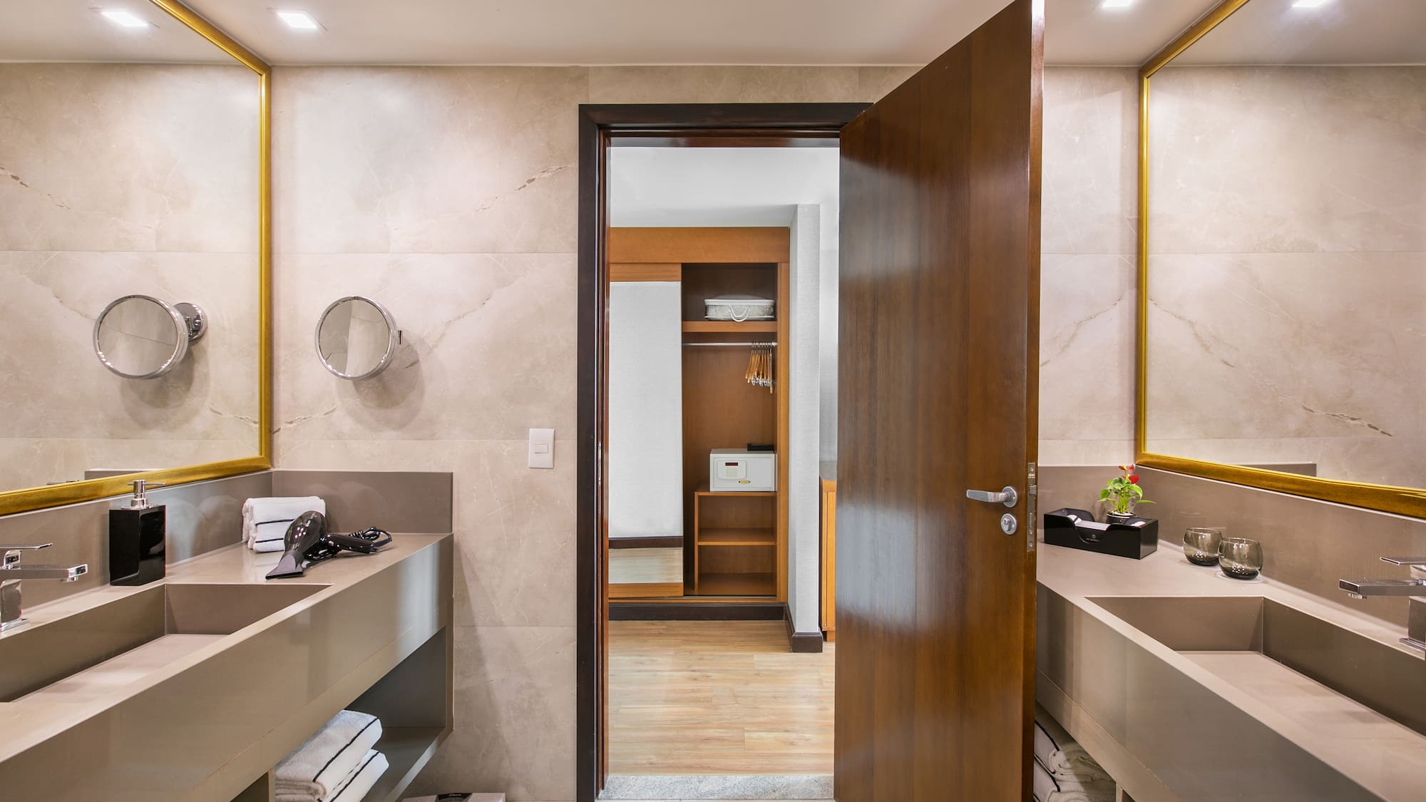 a bathroom with a door open