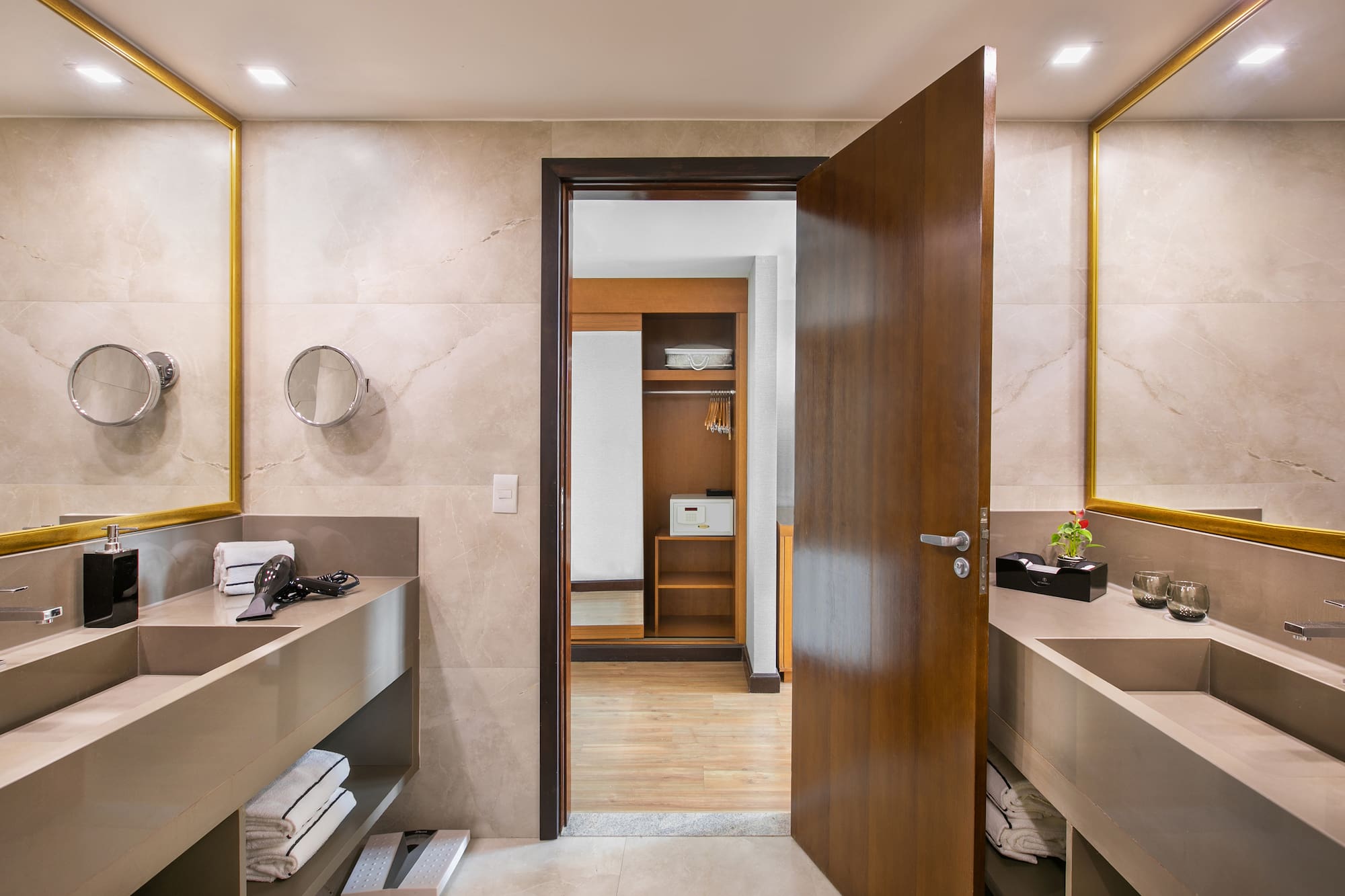 a bathroom with a door open