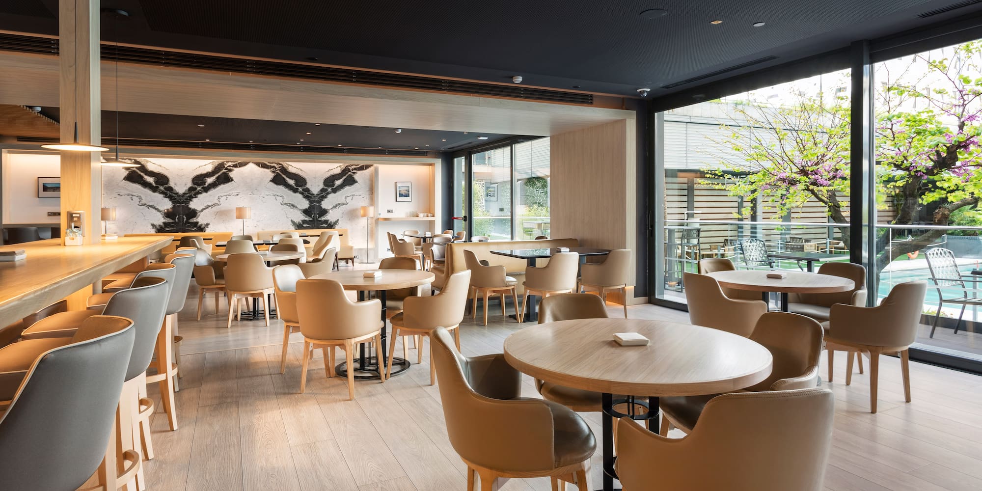 a room with tables and chairs