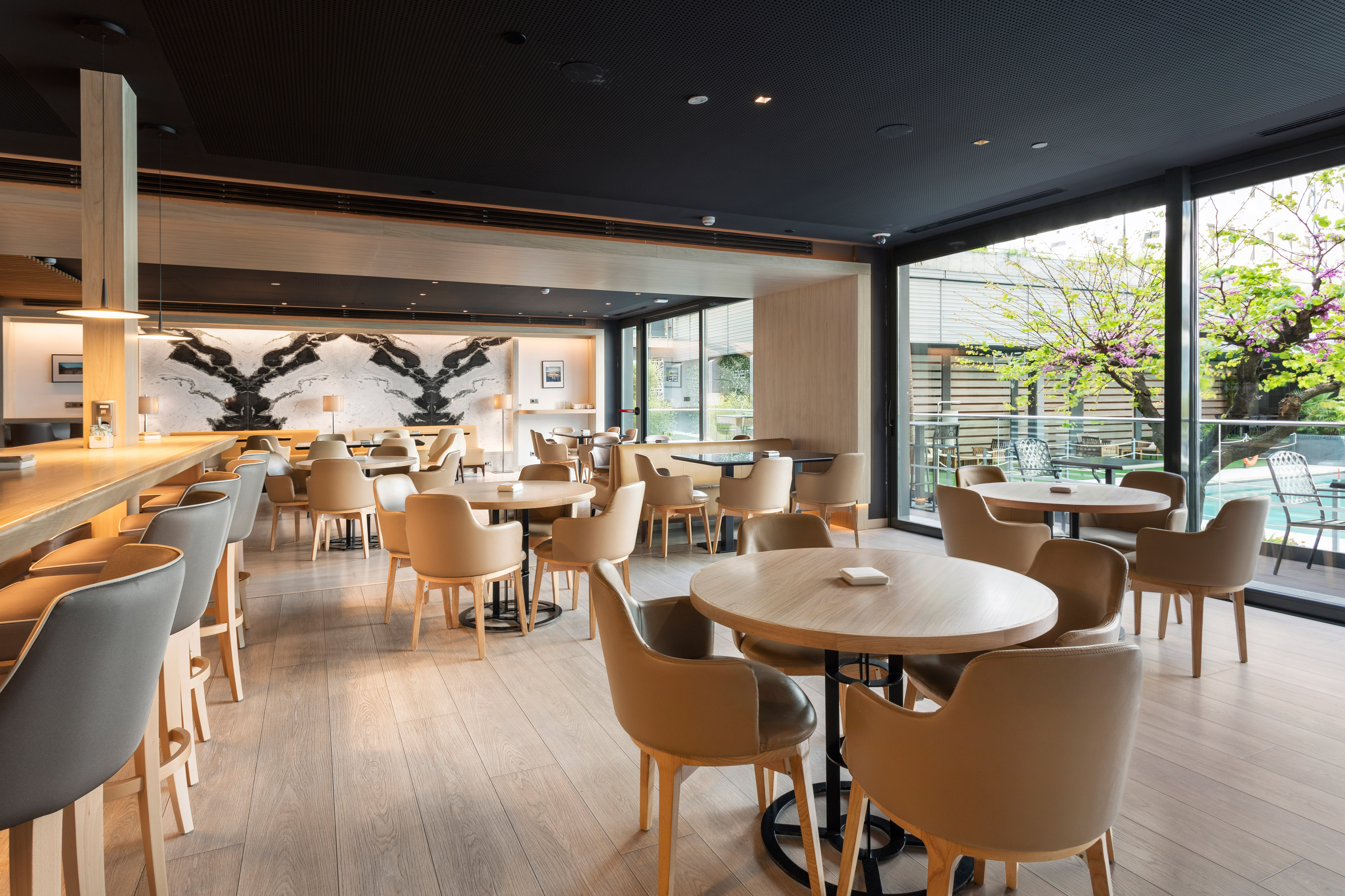 a room with tables and chairs