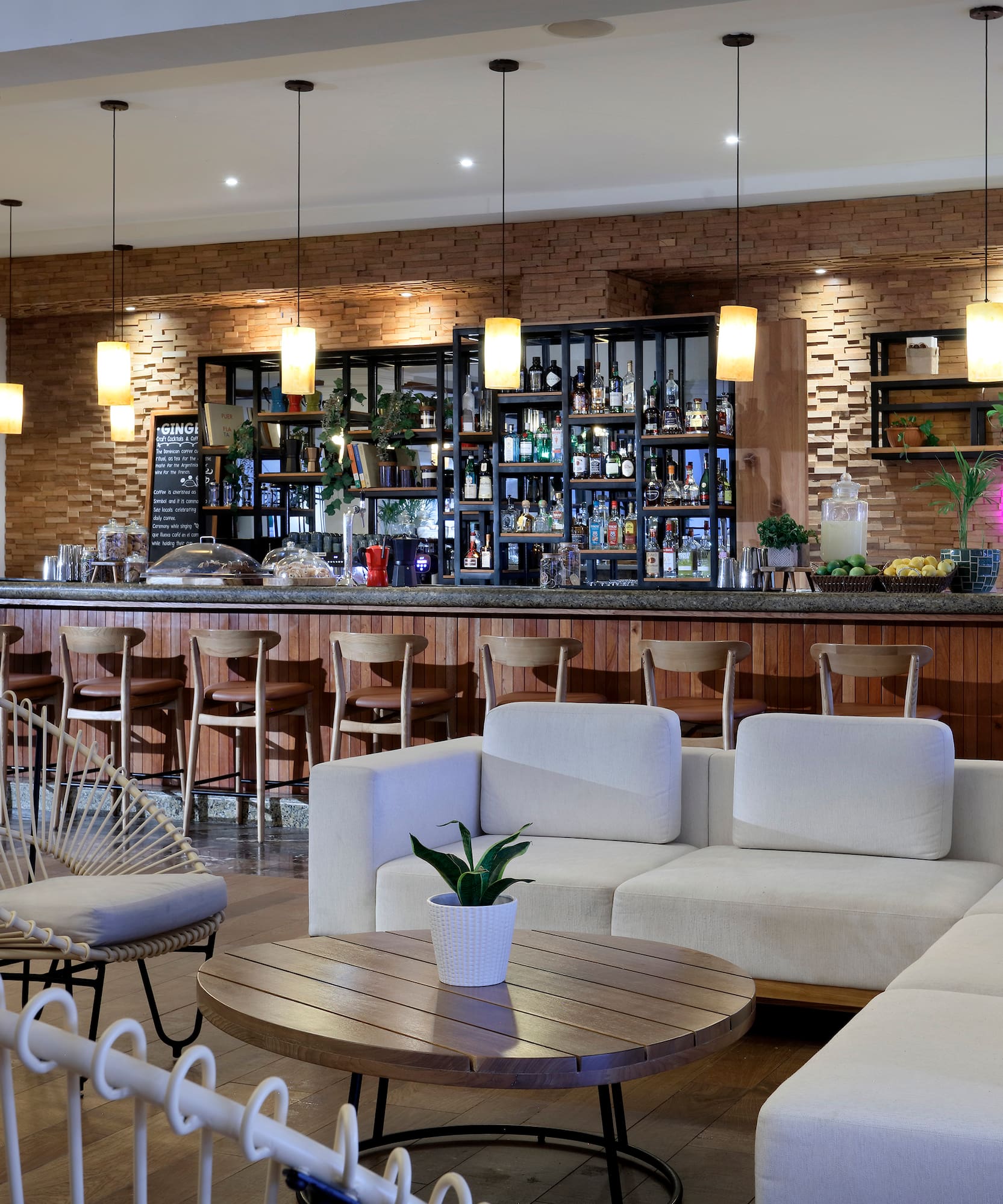 a room with a bar and a couch