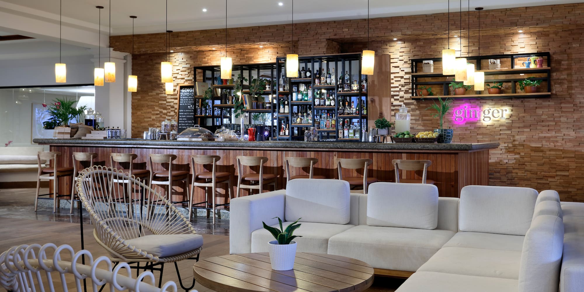 a room with a bar and a couch