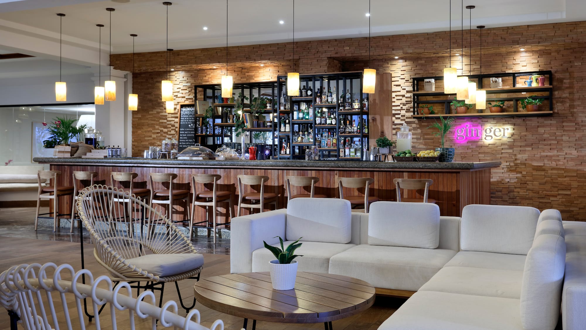 a room with a bar and a couch