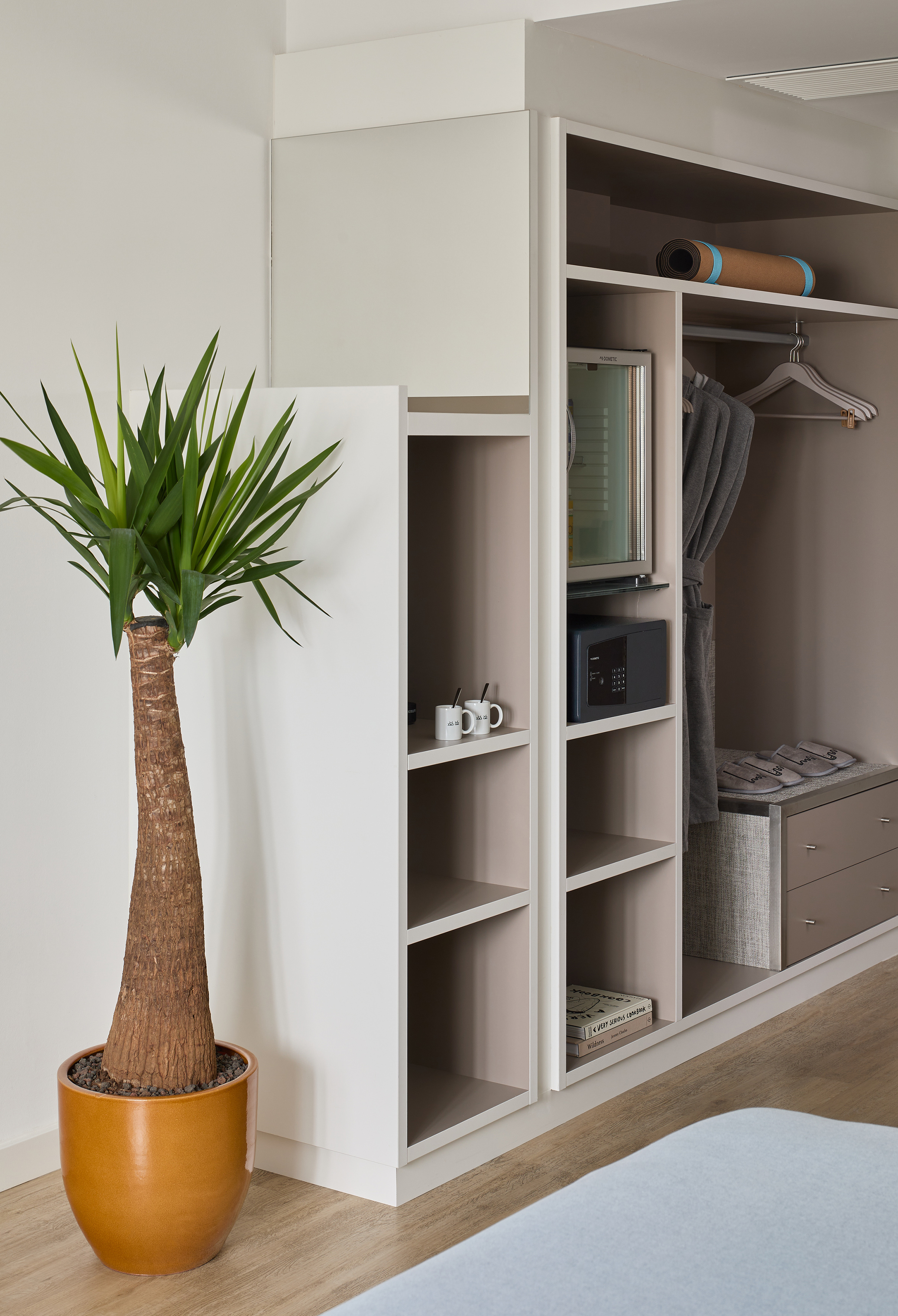 Modern hotel wardrobe with Yucca plant, minibar, safe, and open shelves.