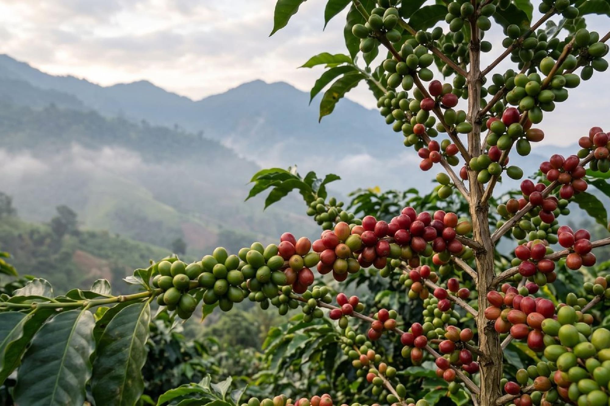 Ripe and unripe coffee cherries on a plant with misty mountains.