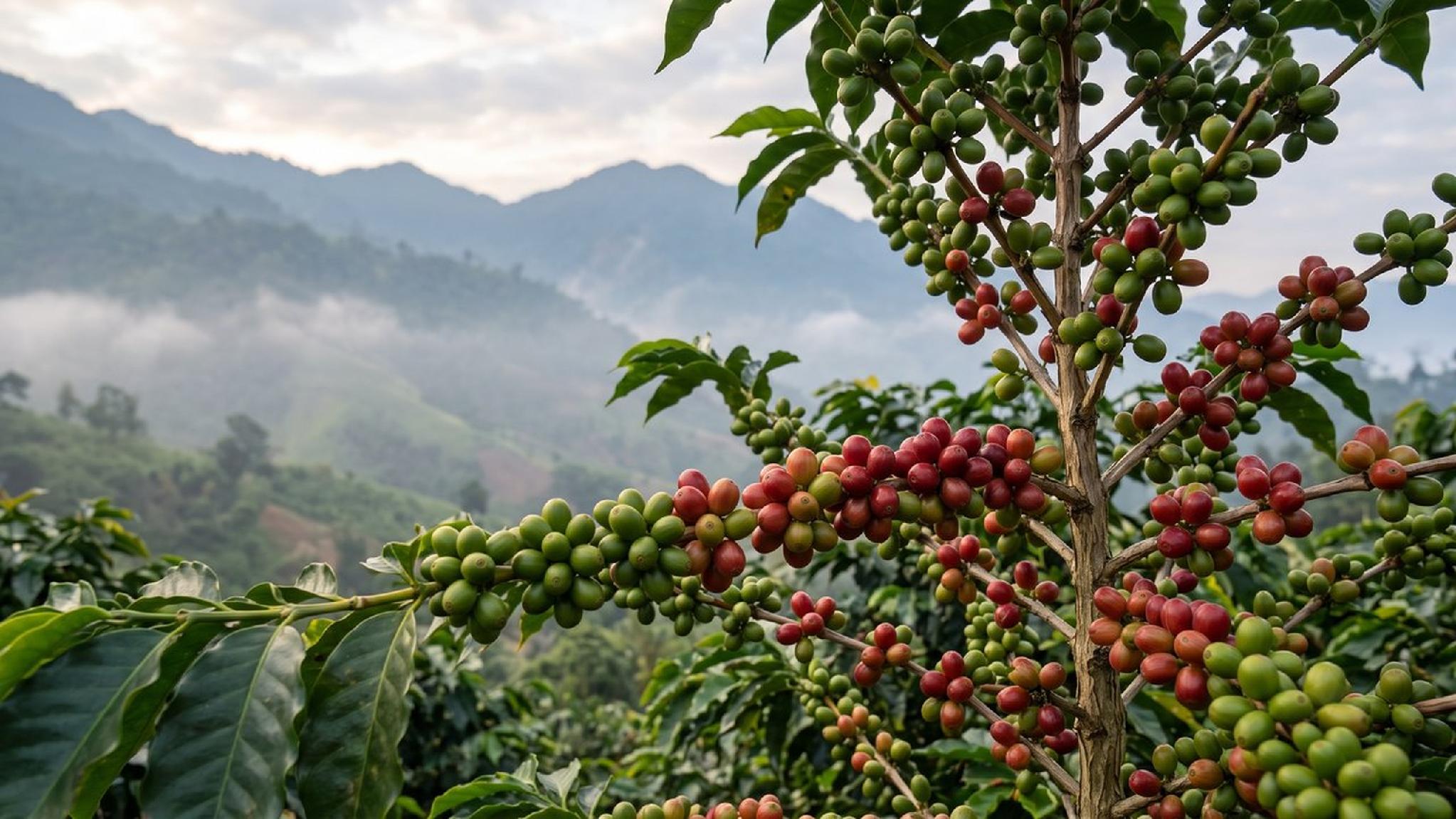 Ripe and unripe coffee cherries on a plant with misty mountains.