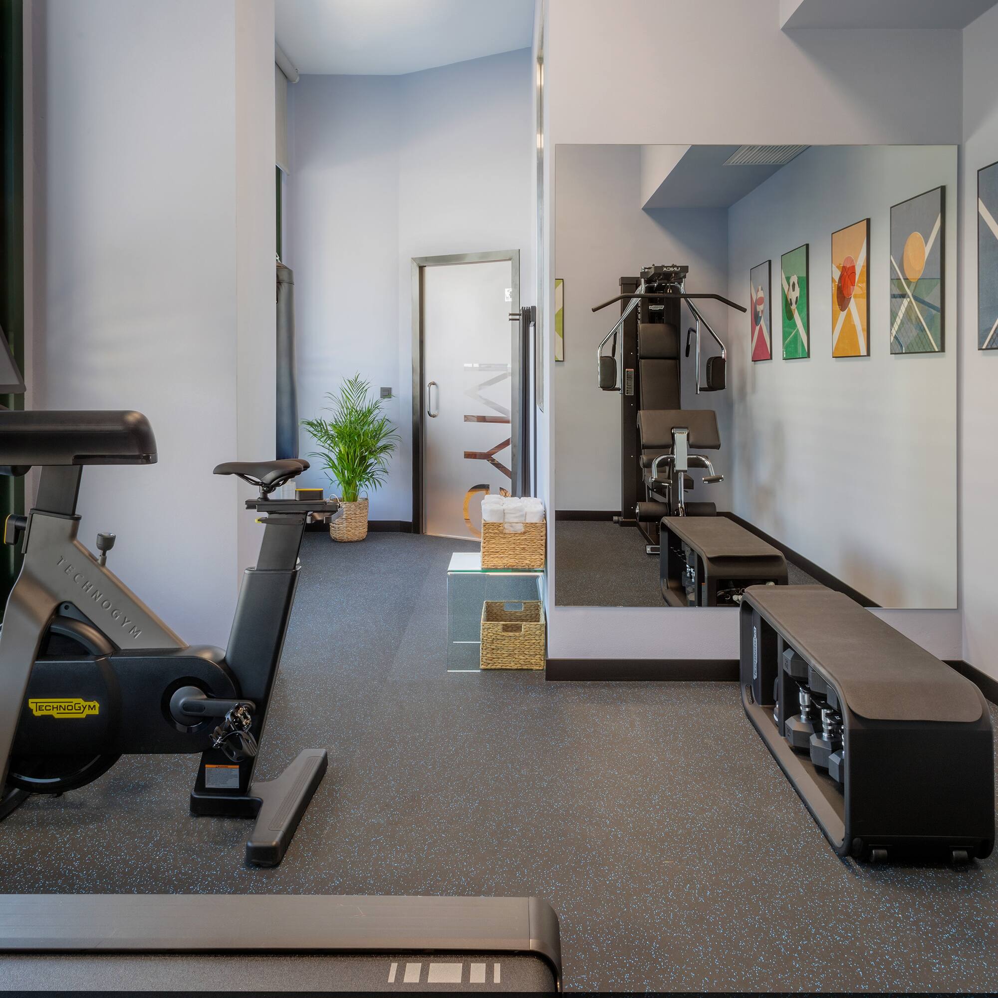 a gym with exercise bikes and mirrors