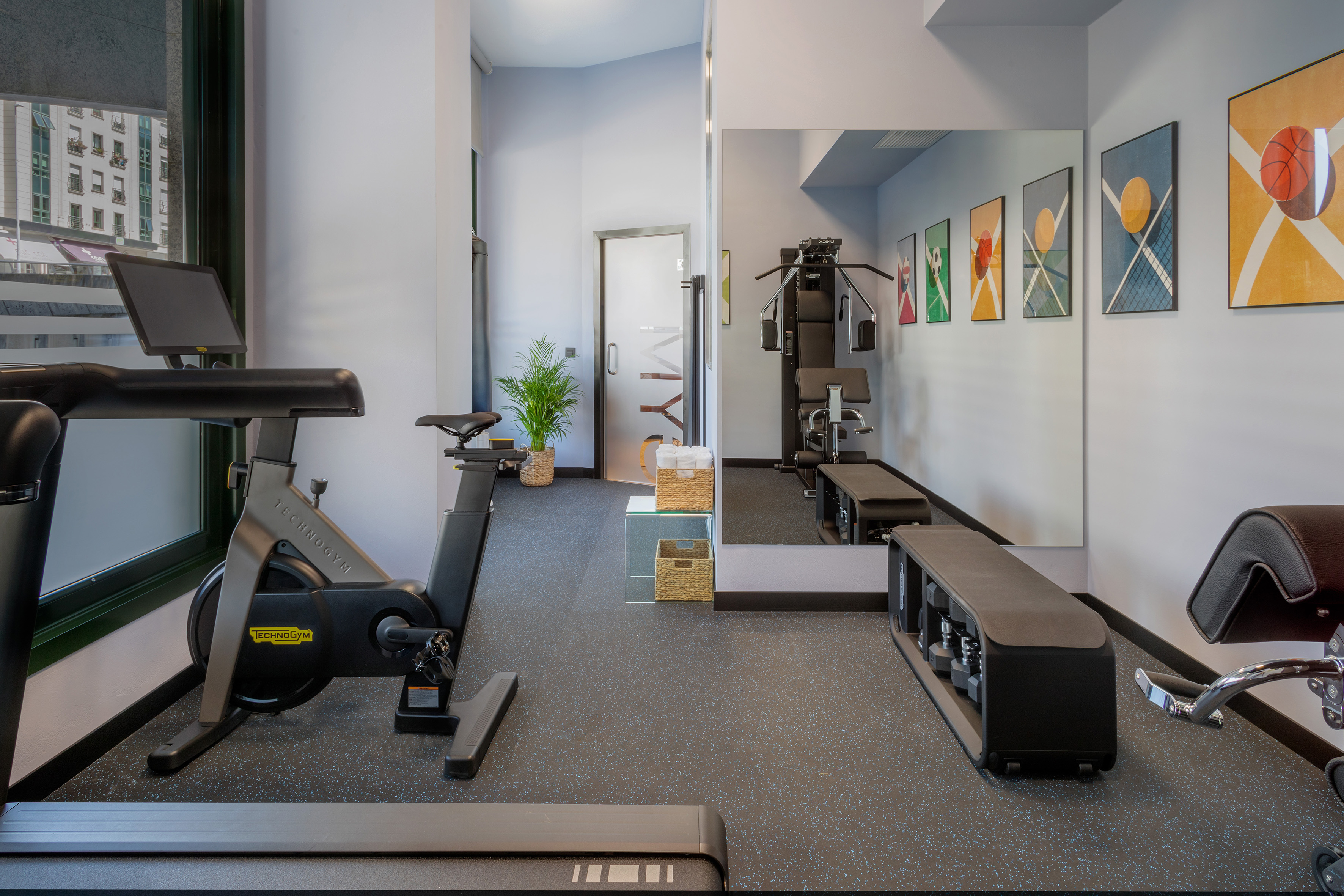 Modern gym with Technogym exercise bike, treadmill, weights, and sports art.