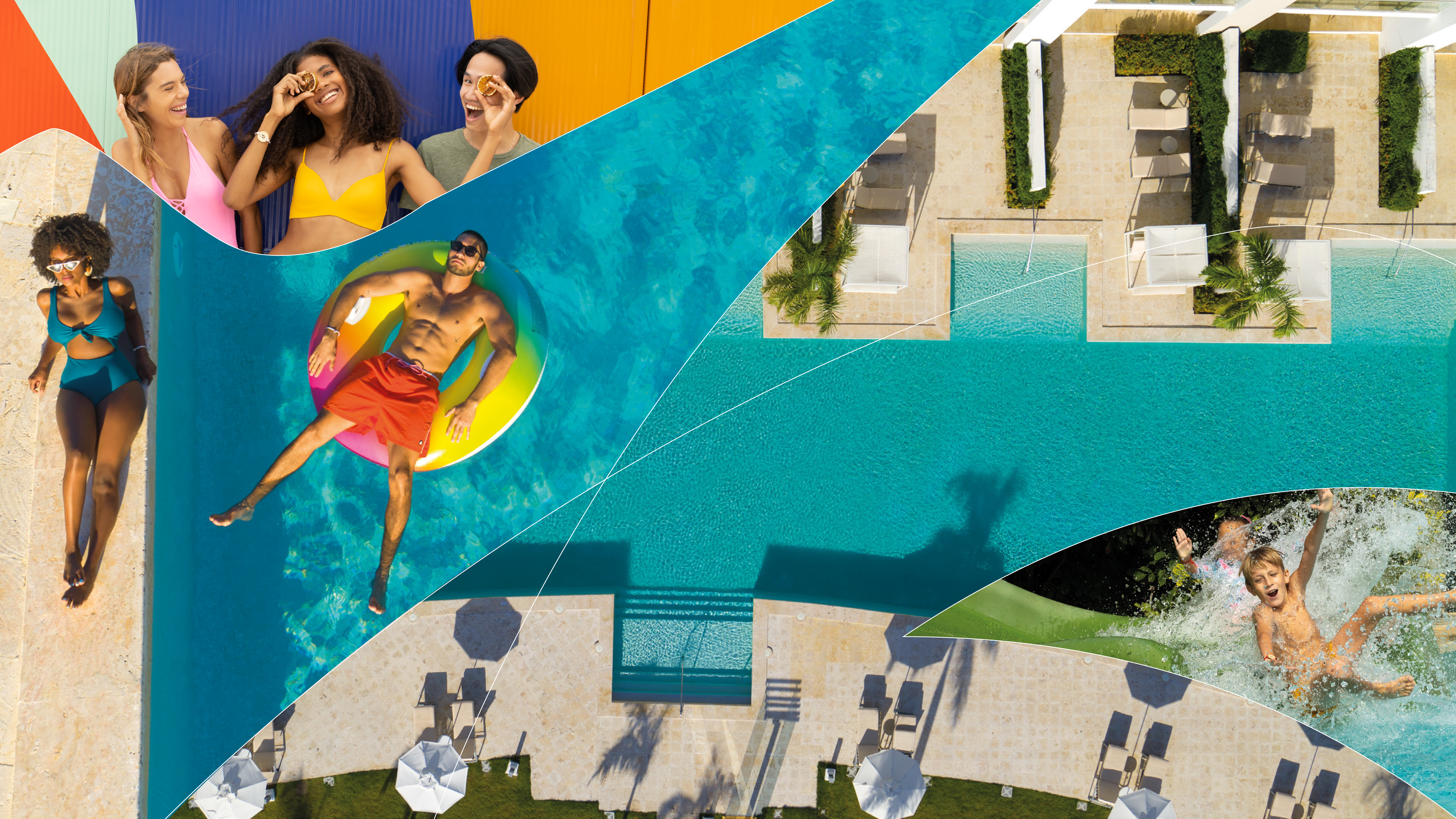 a collage of people lying on a pool