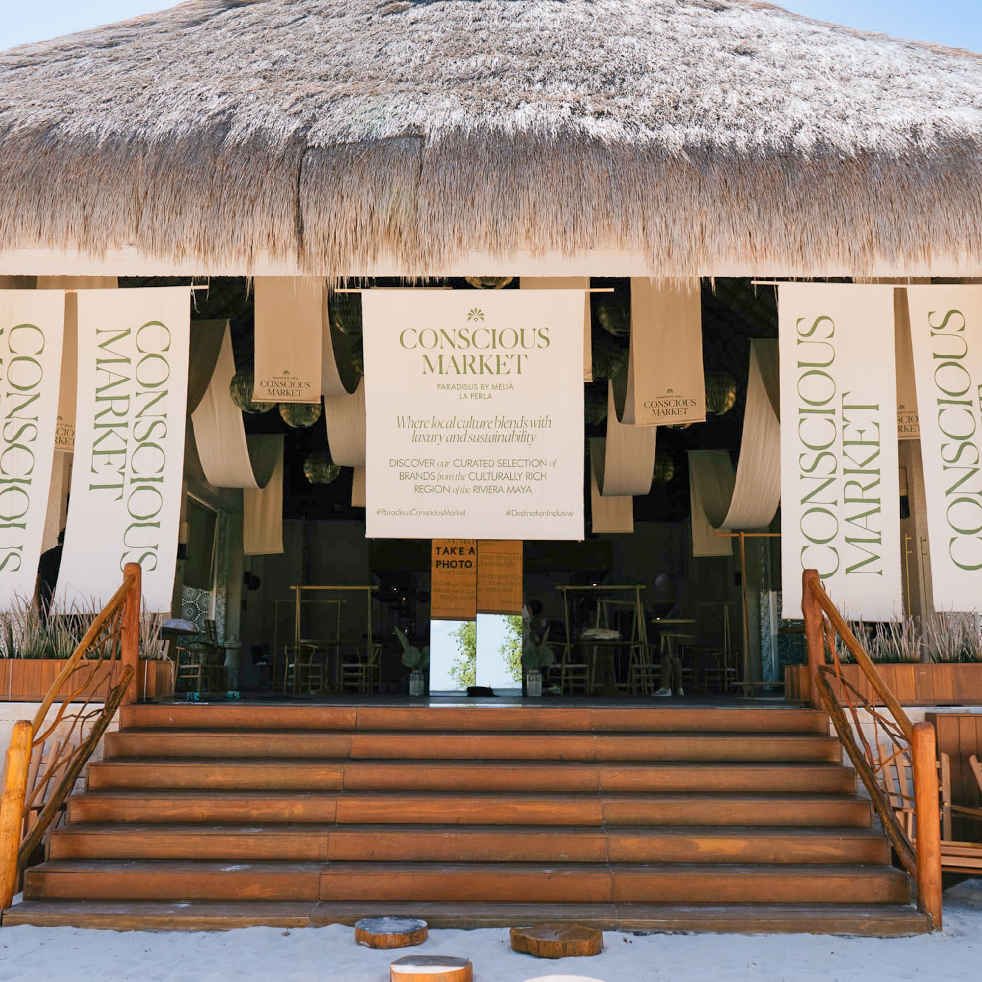 a building with signs and steps