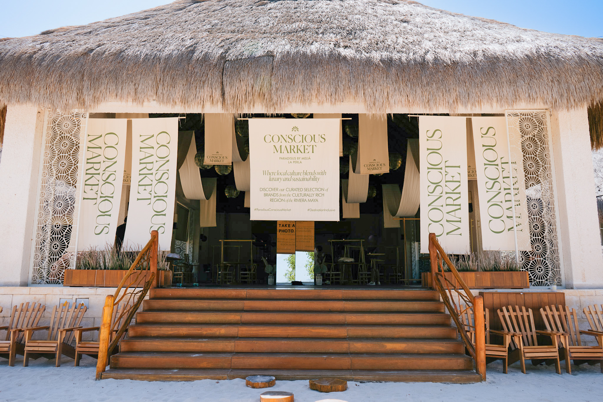 a building with signs and steps