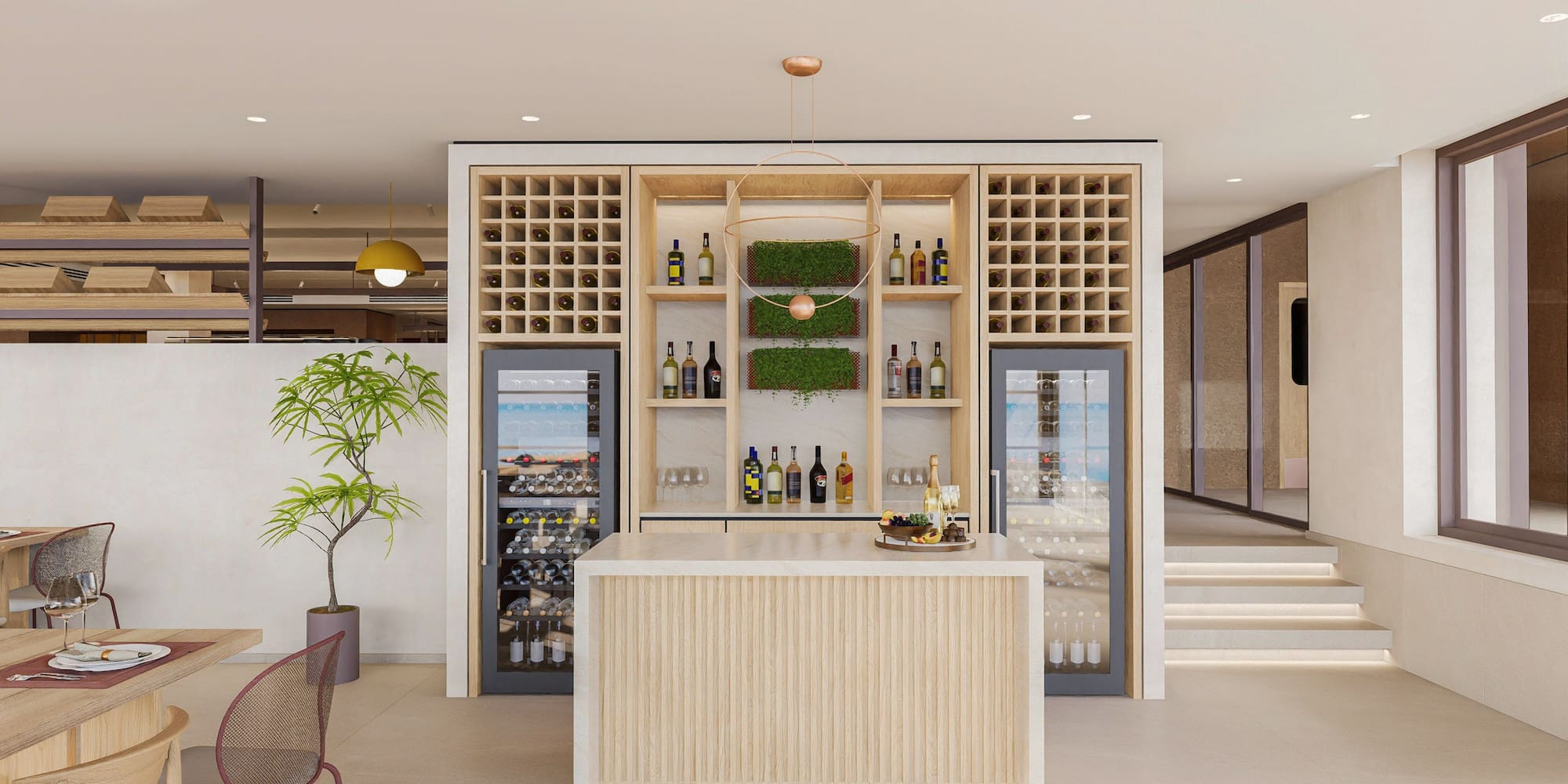 a wine cellar with a bar and shelves