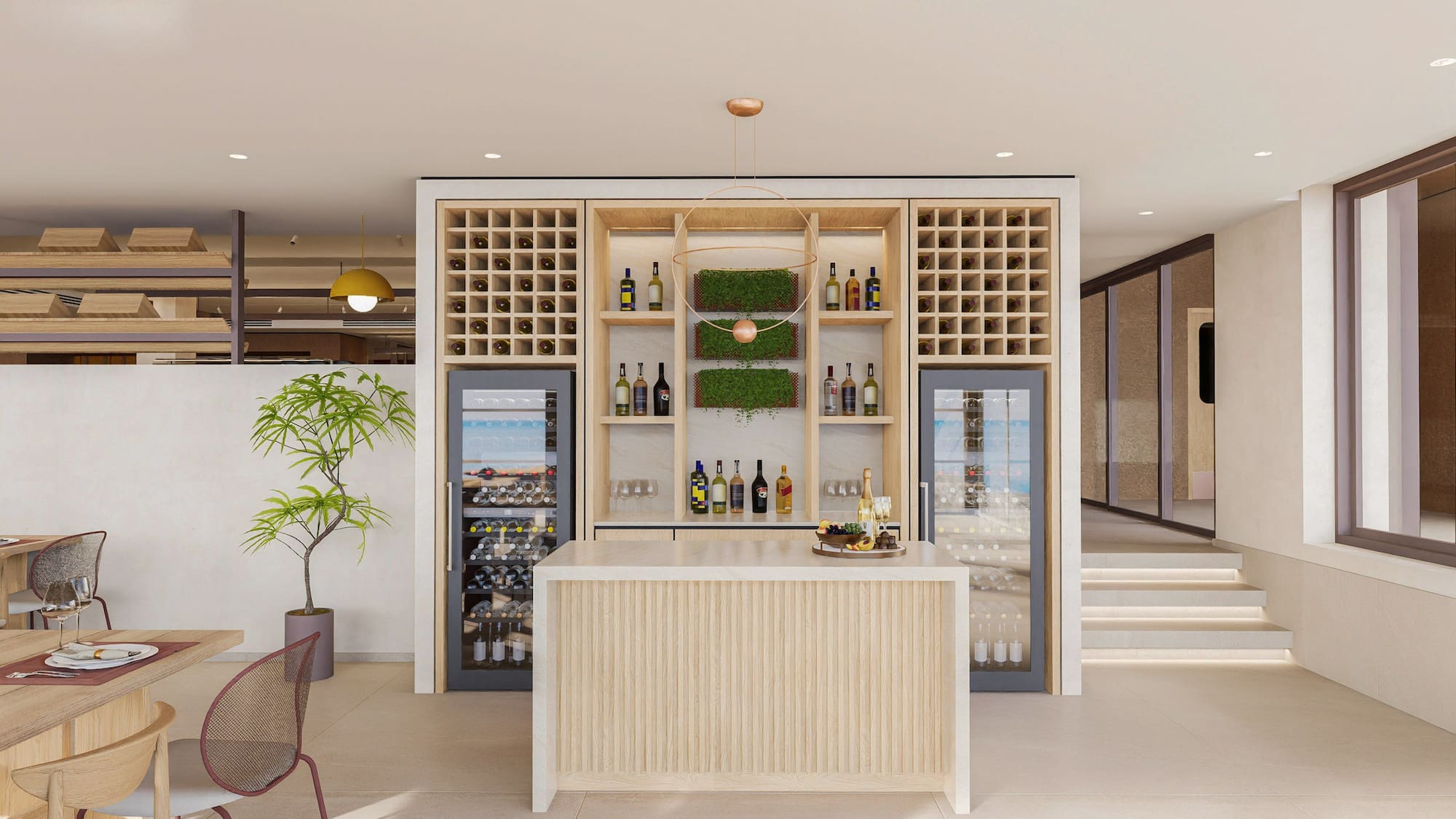 a wine cellar with a bar and shelves