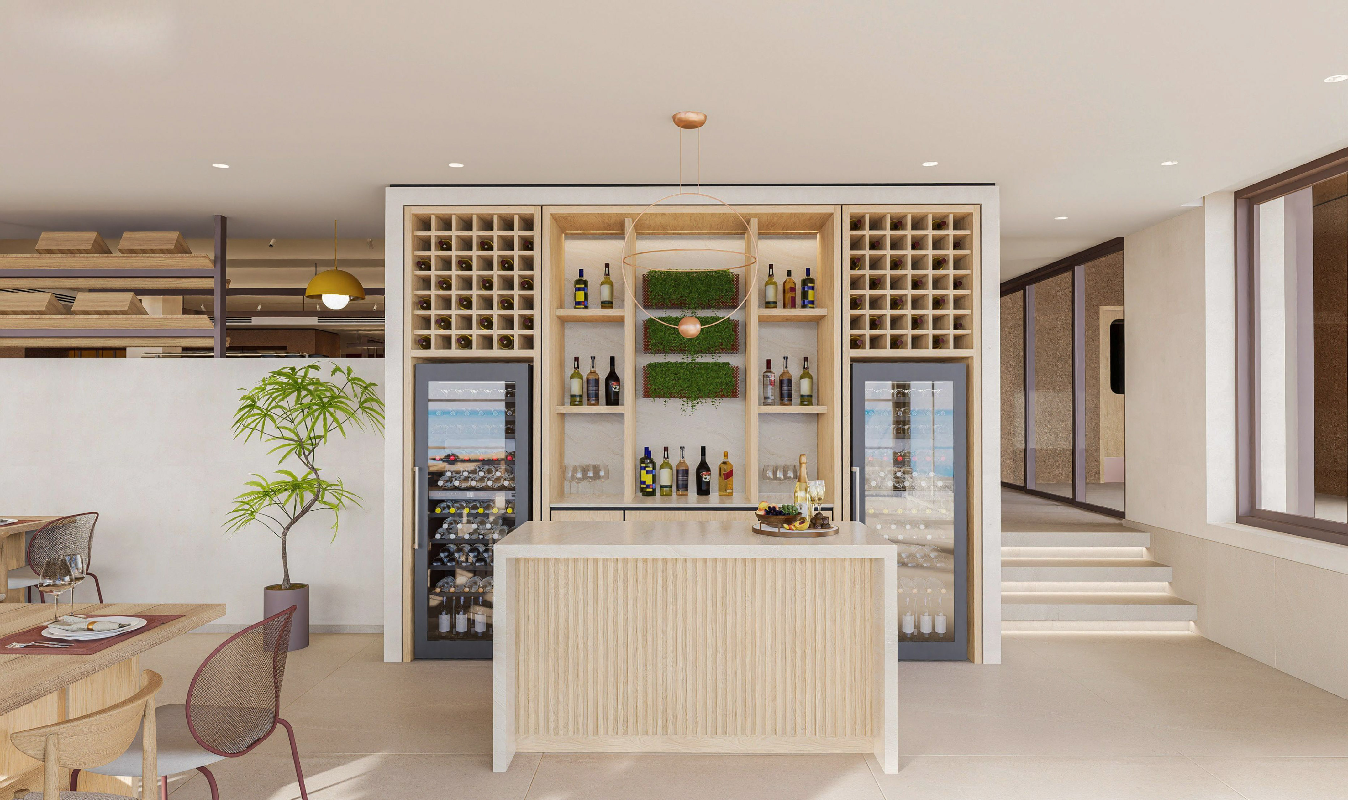 a wine cellar with a bar and shelves