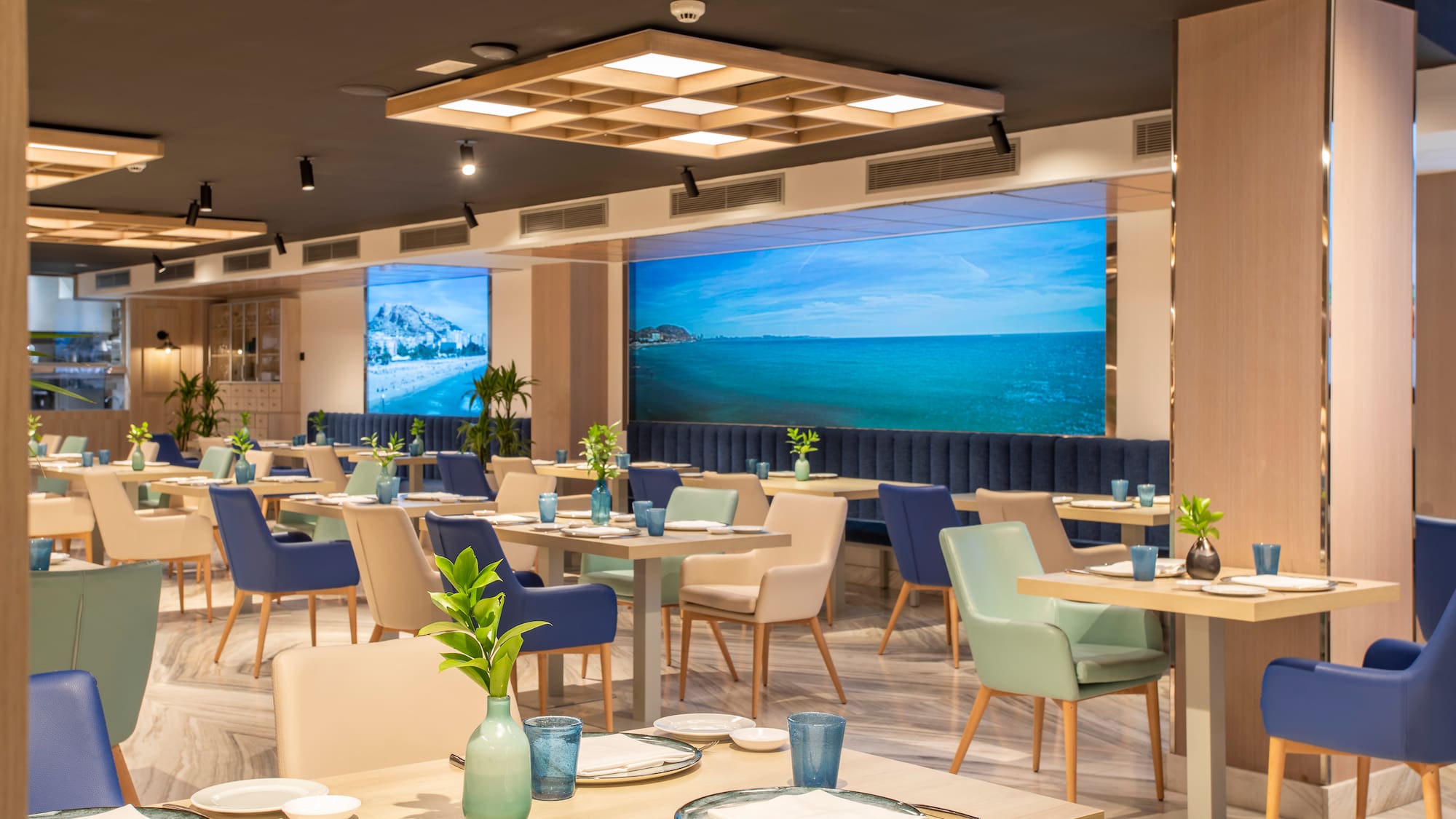 a room with tables and chairs