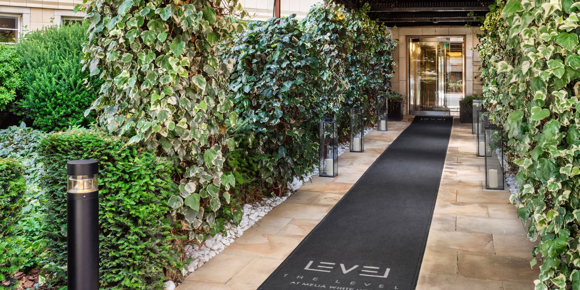 Melia White House Level entrance path with lush ivy and modern lighting.