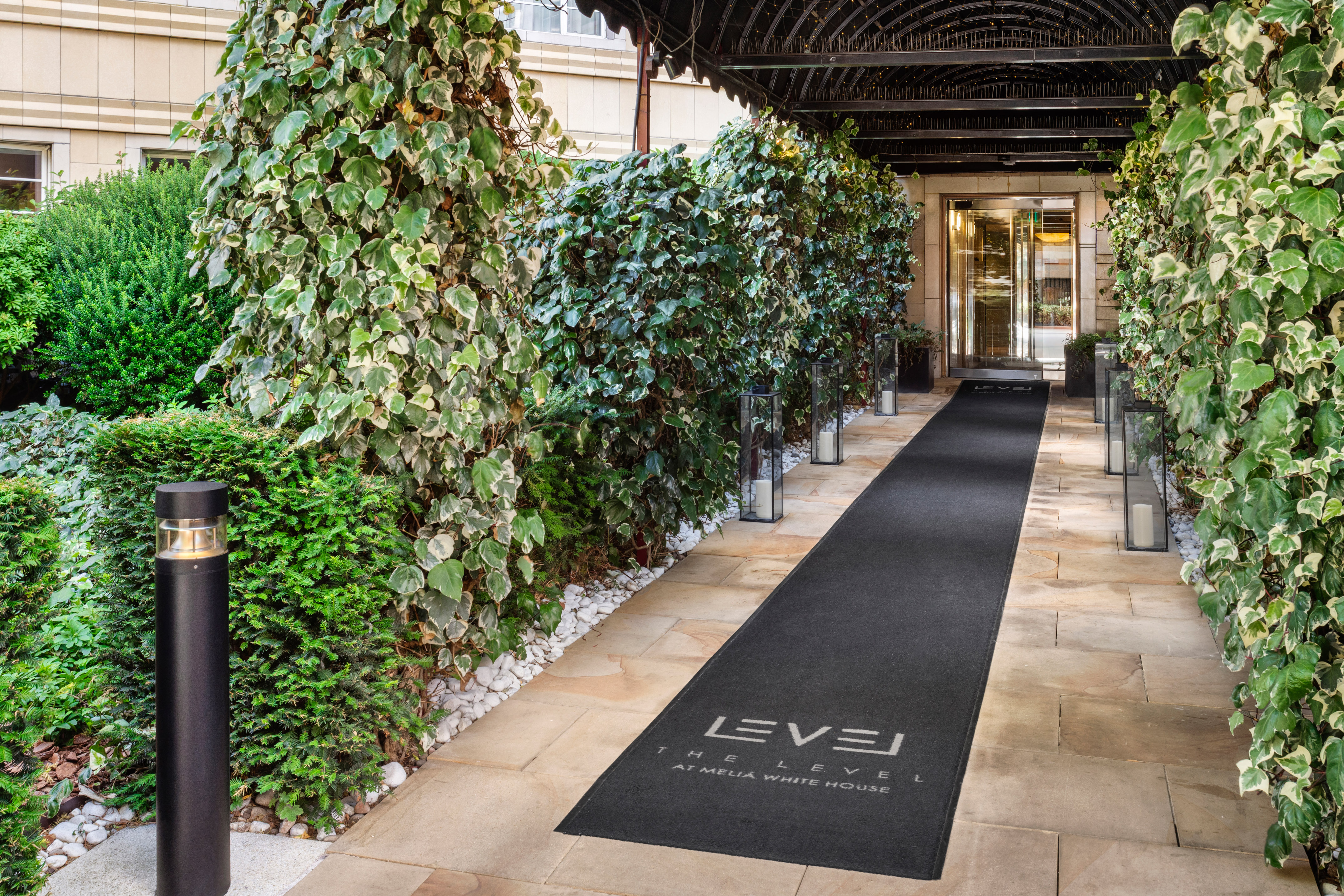 Melia White House Level entrance path with lush ivy and modern lighting.