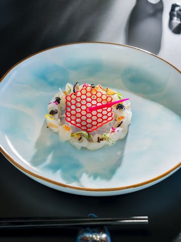 a plate of food with a red net on top