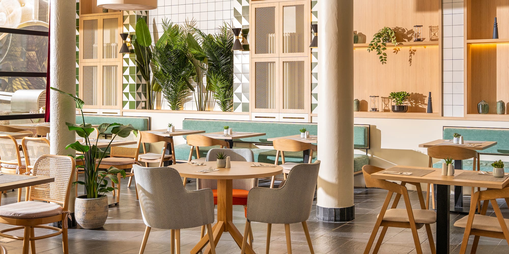 a room with tables and chairs