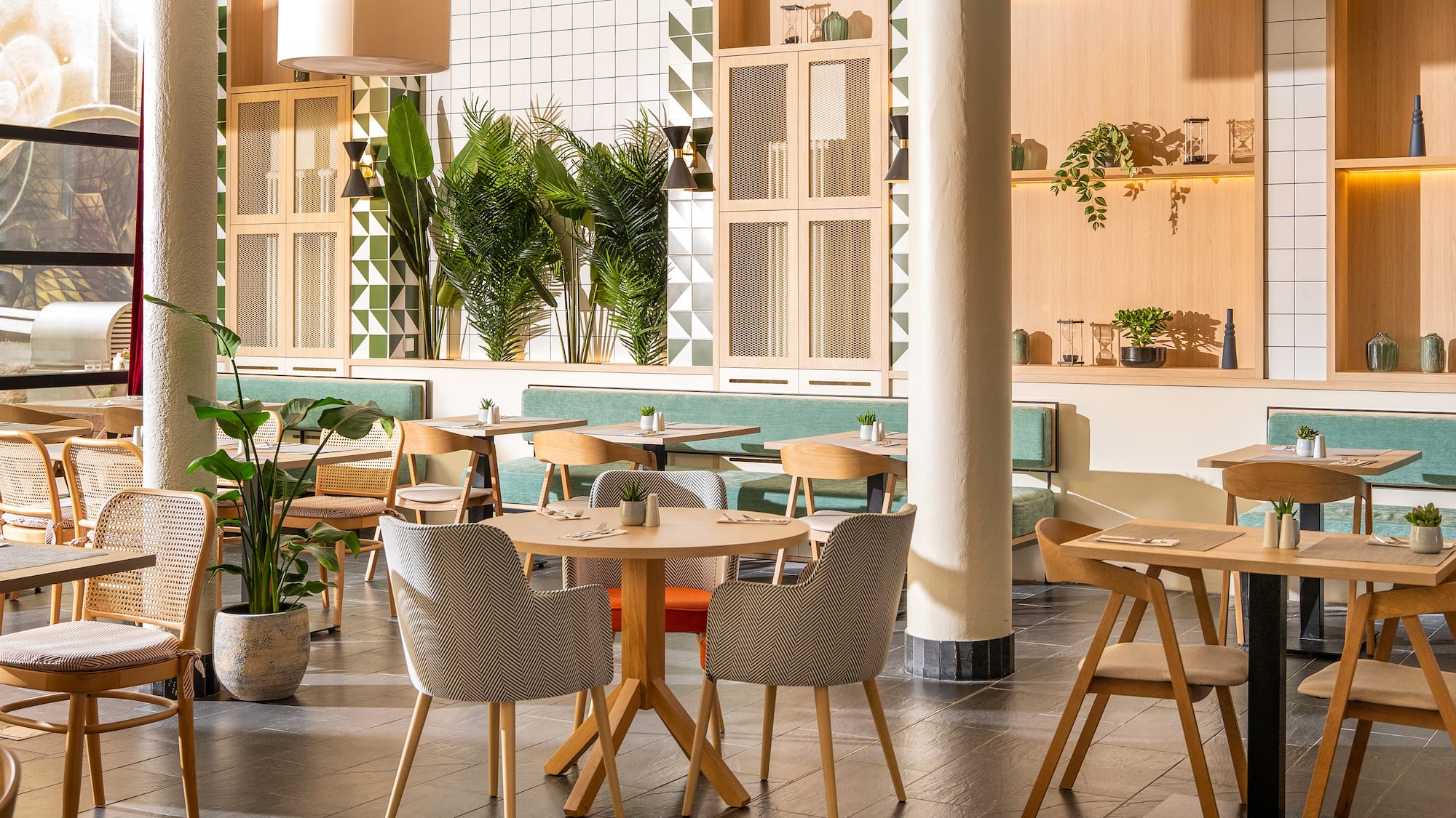 a room with tables and chairs