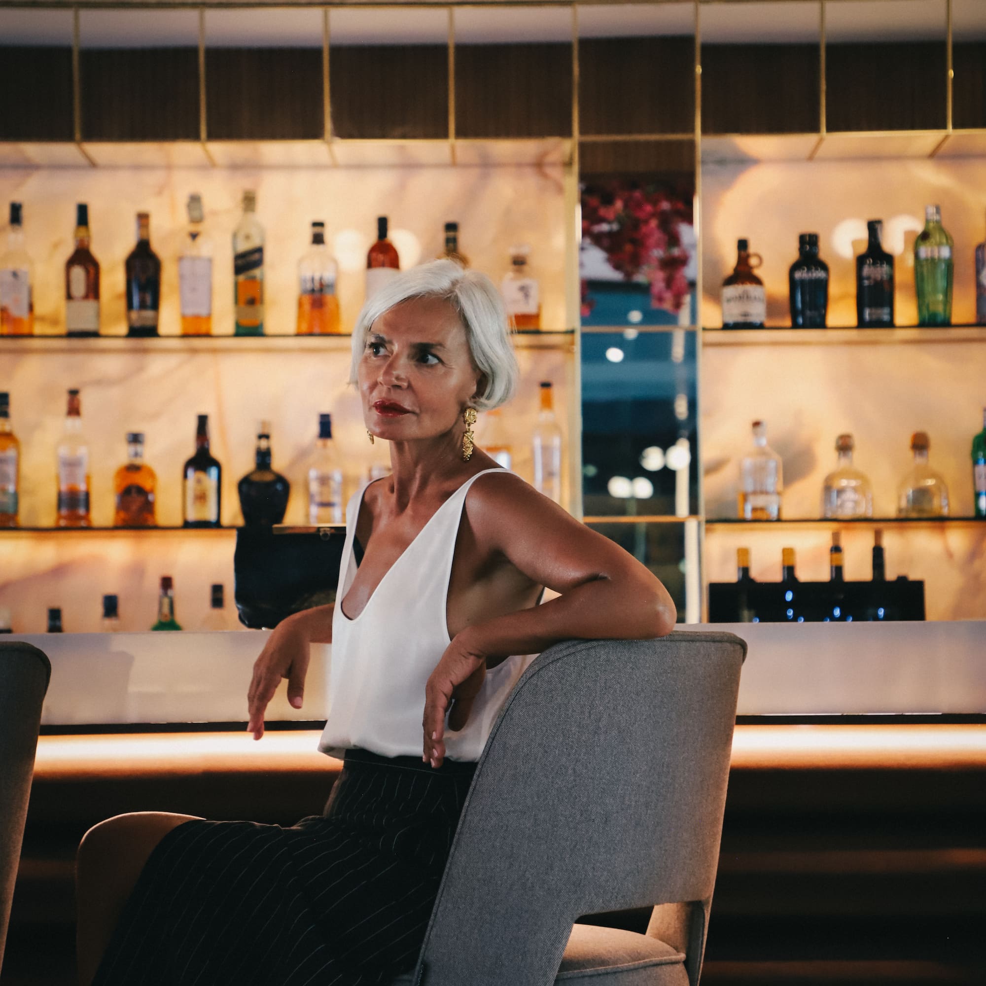a woman sitting in a chair