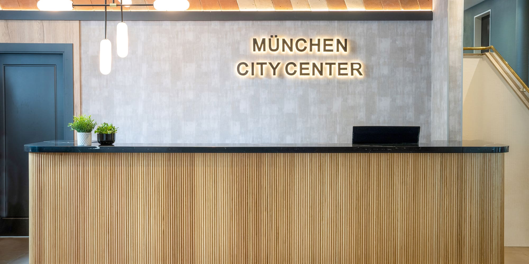a reception desk in a building