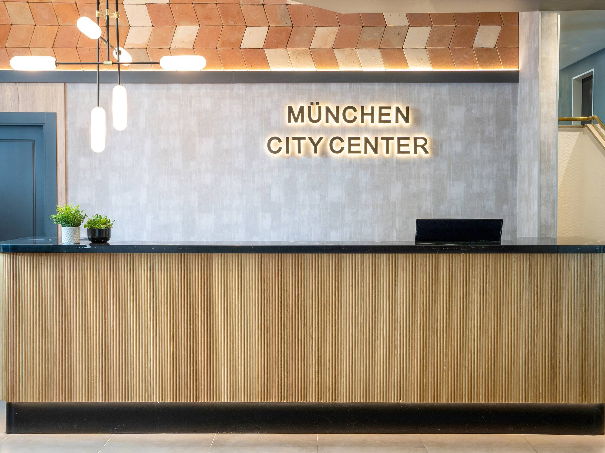 a reception desk in a building