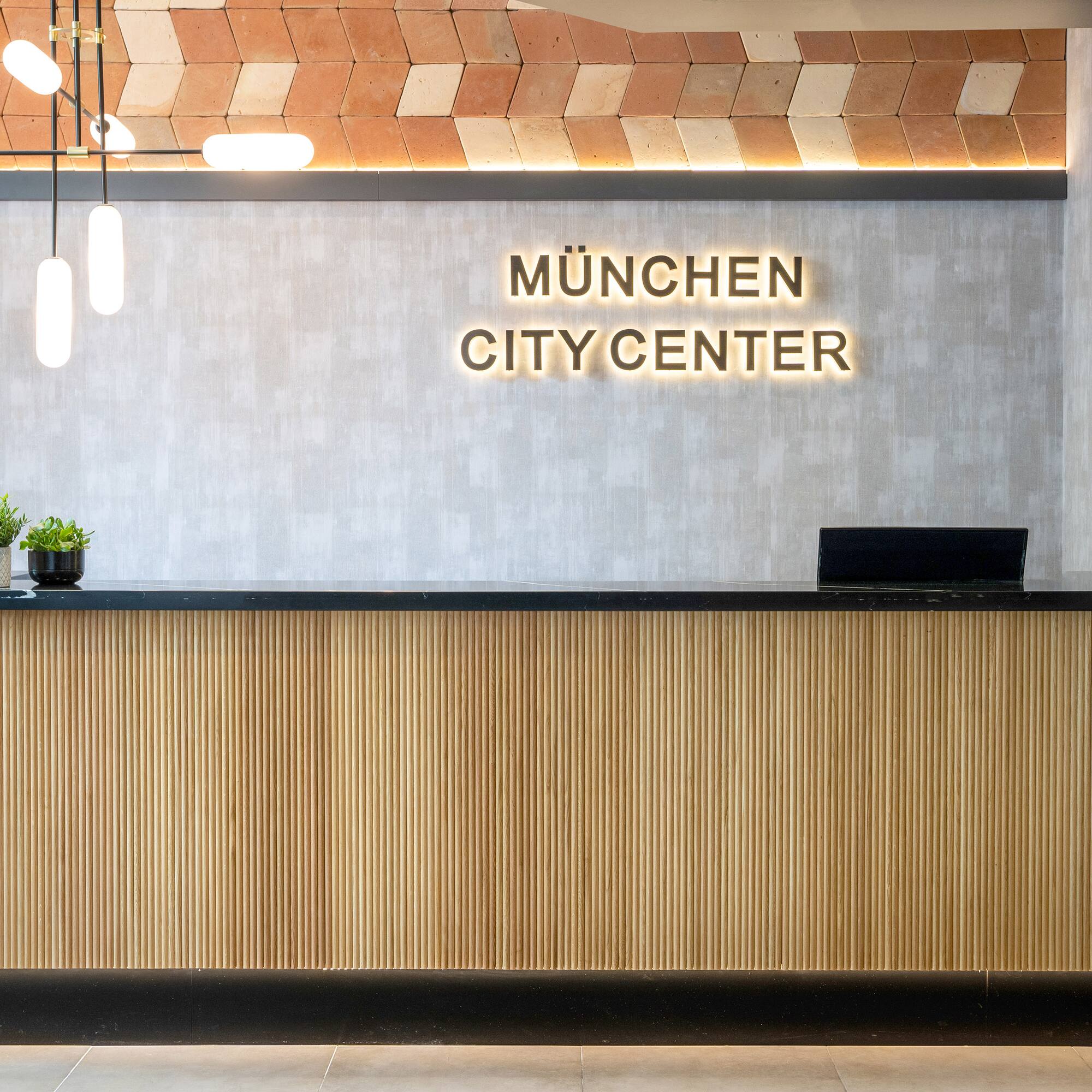 a reception desk in a building