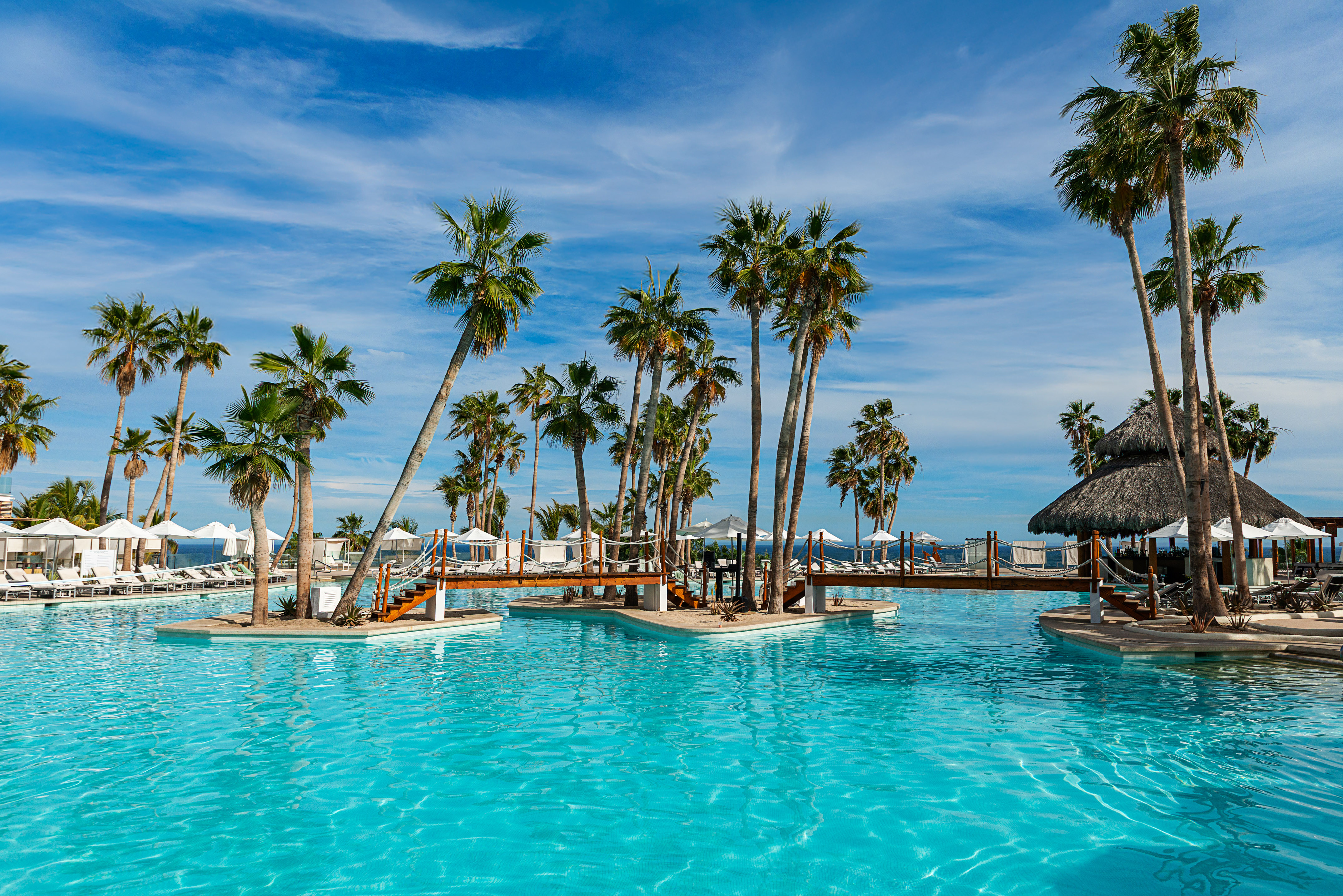 Tropical resort pool with palm trees, wooden bridges, and thatched bar.