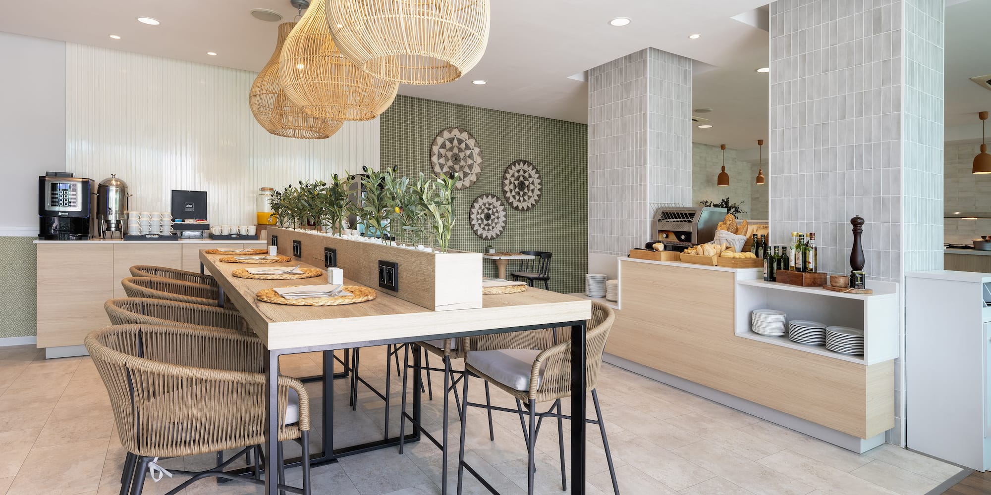 a restaurant with a long table and chairs