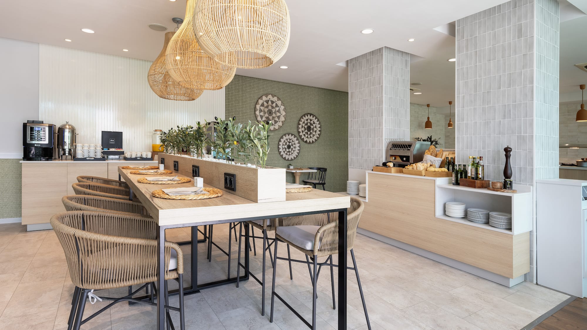a restaurant with a long table and chairs