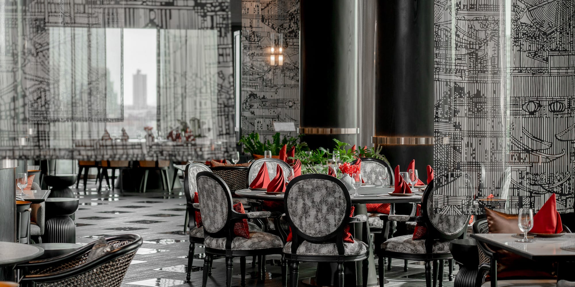 a room with a table and chairs