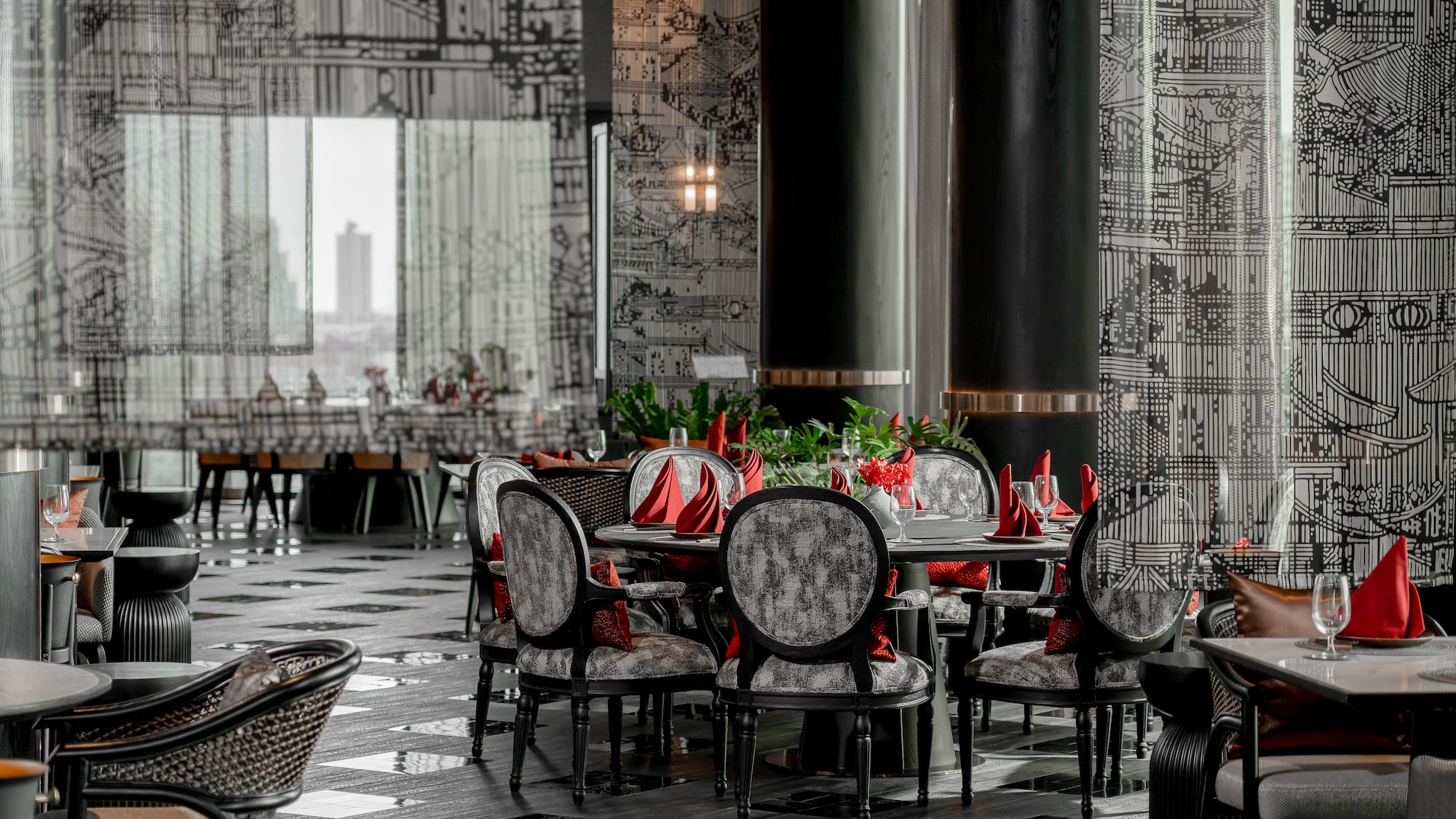 a room with a table and chairs