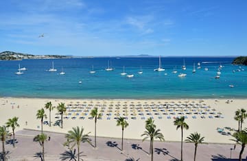 a beach with palm trees and boats