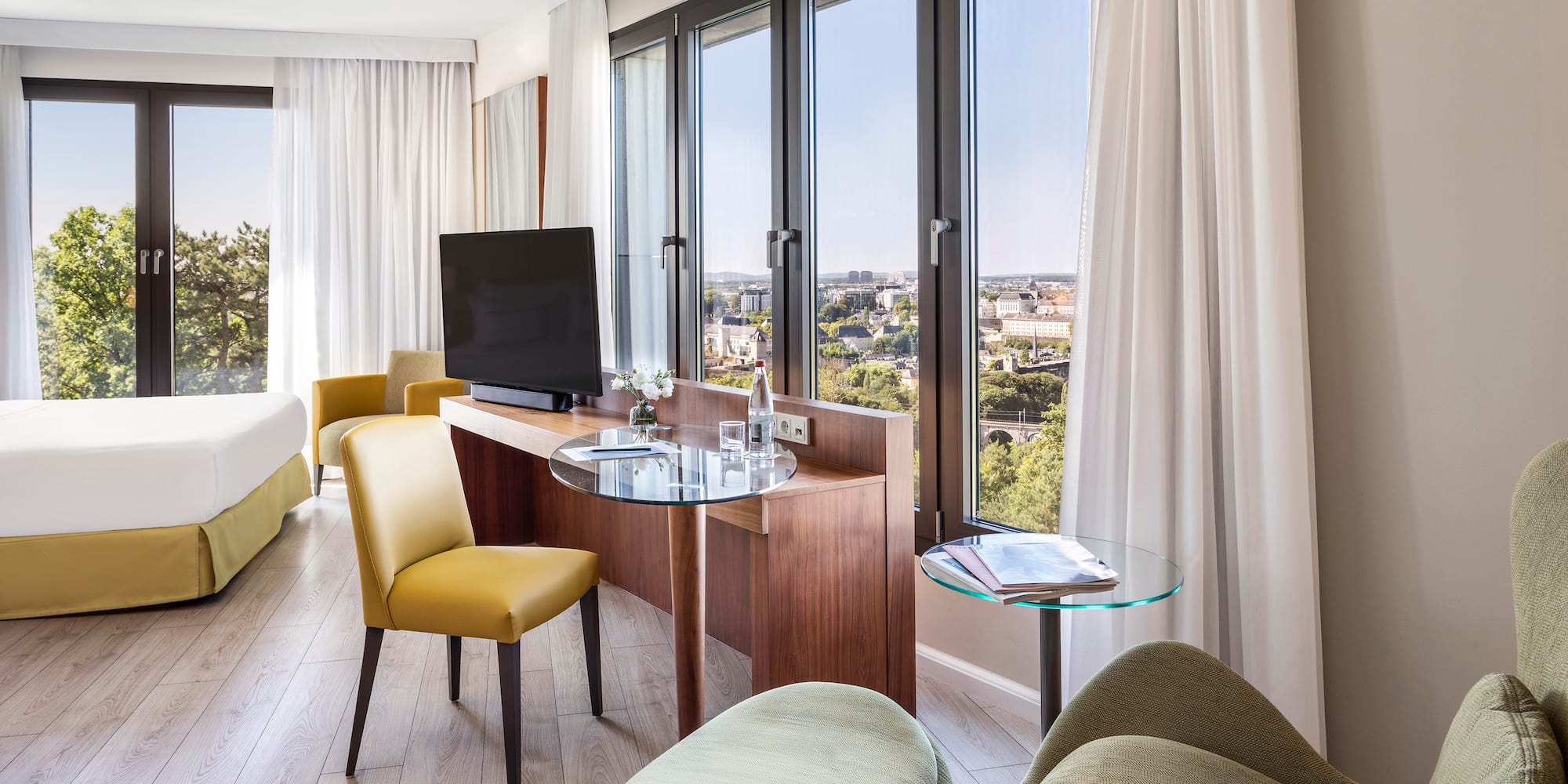 a room with a television and a table