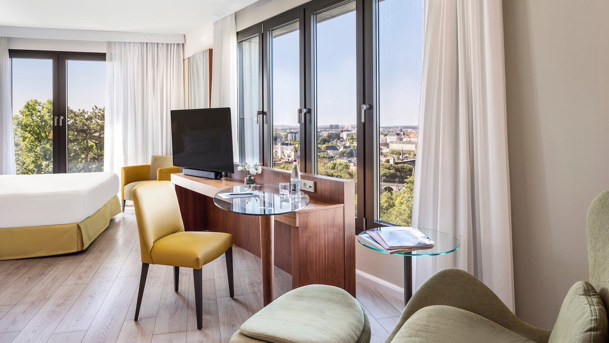 a room with a television and a table