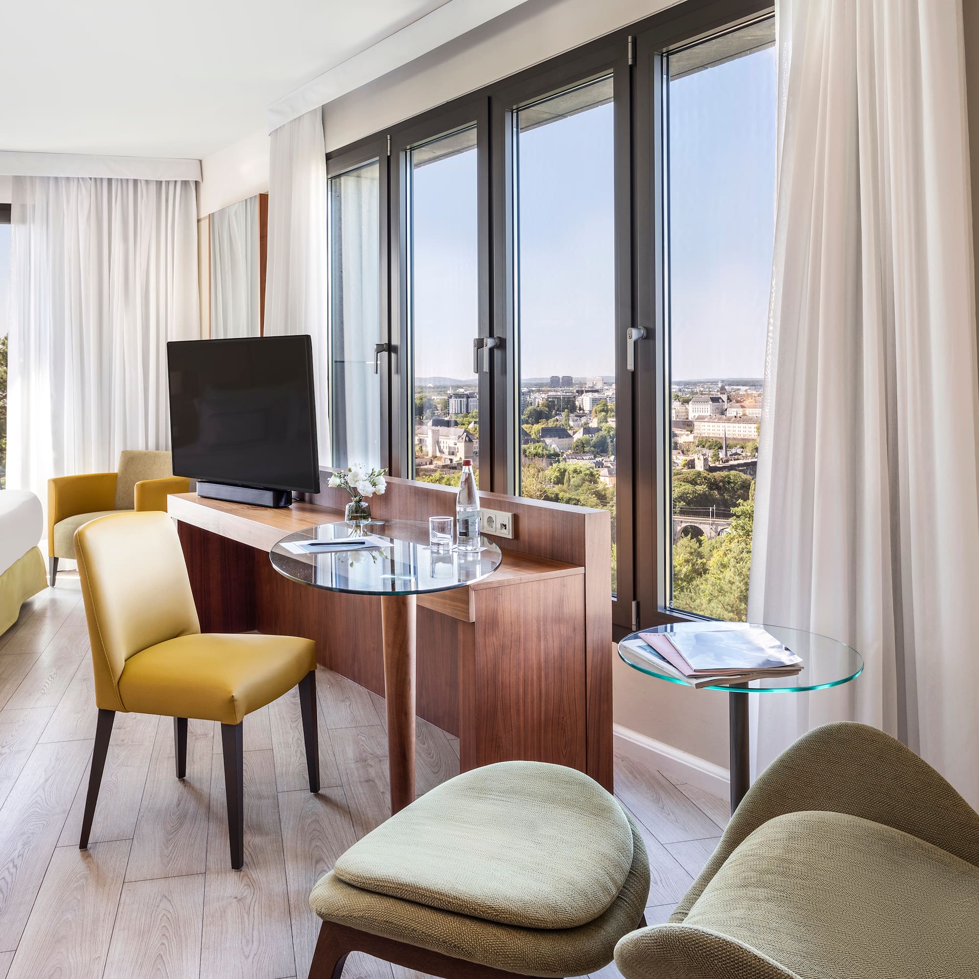 a room with a television and a table