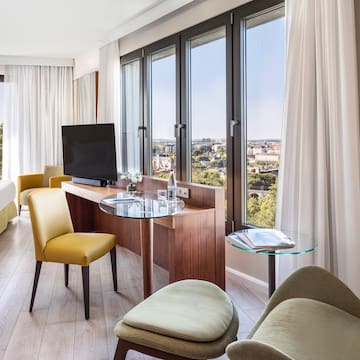 a room with a television and a table