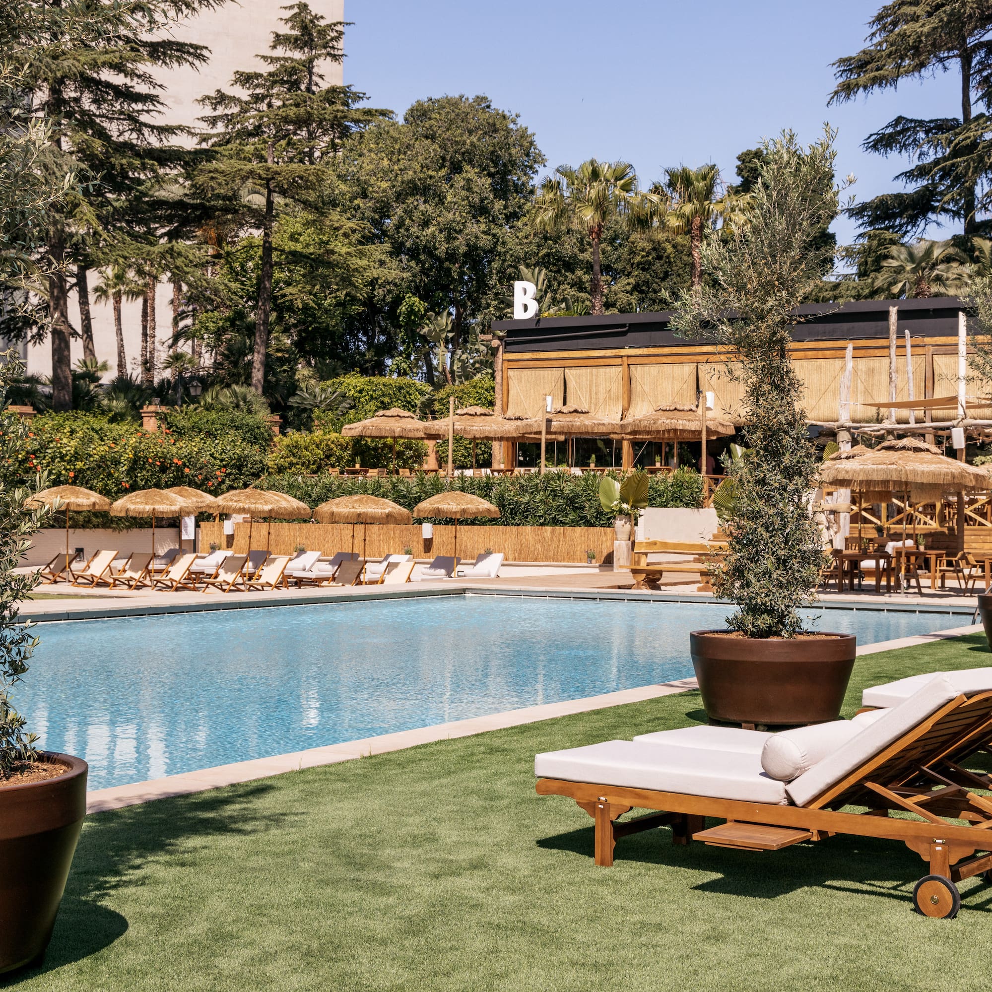 a pool with lounge chairs and trees