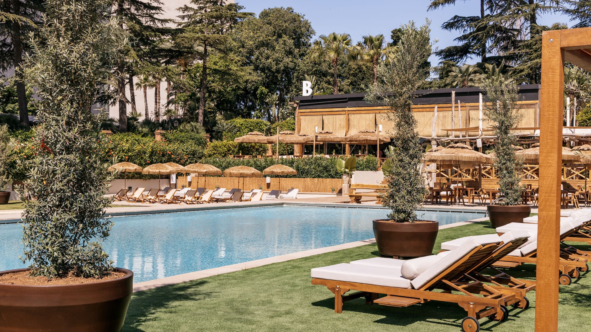 a pool with lounge chairs and trees