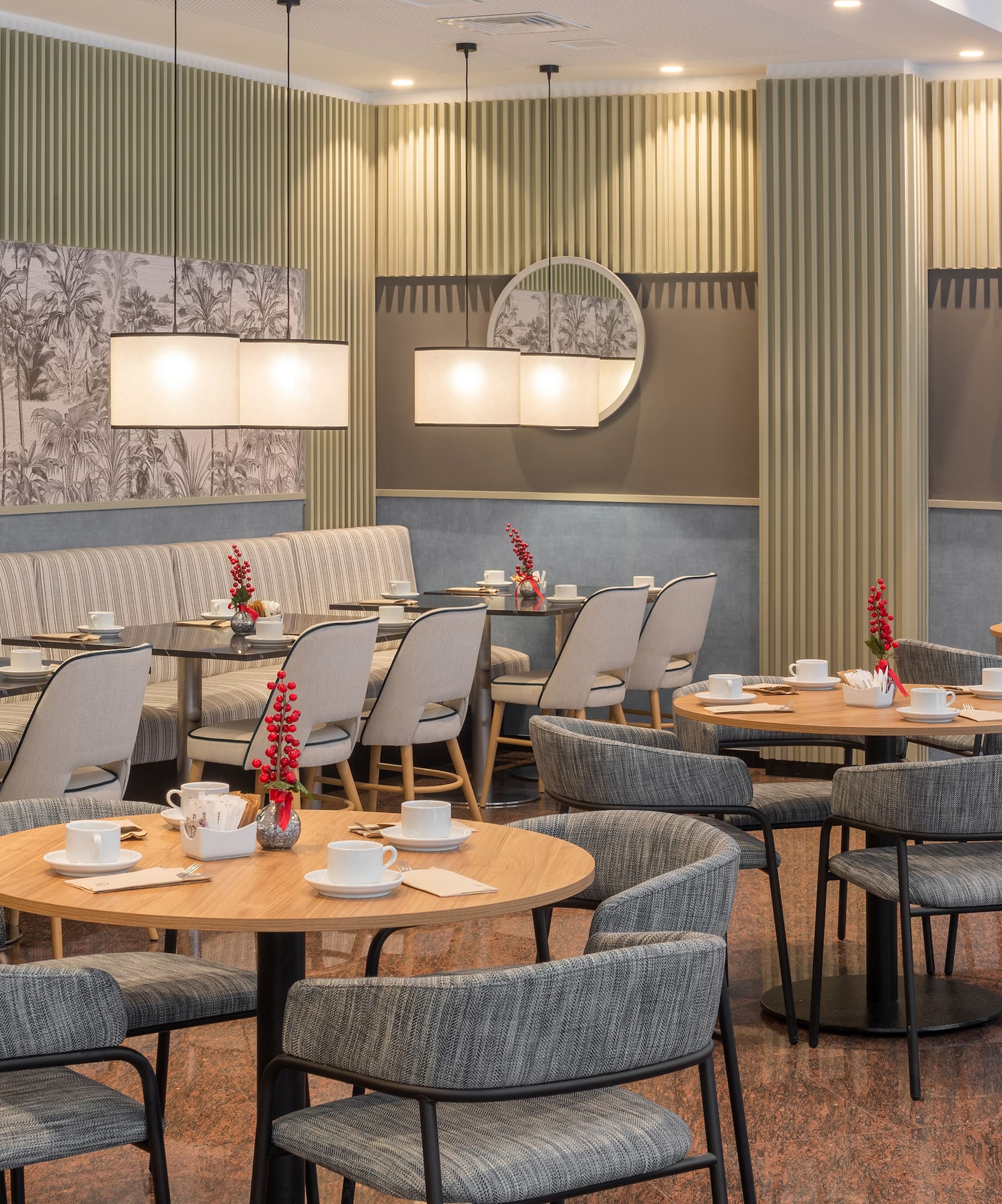 a room with tables and chairs