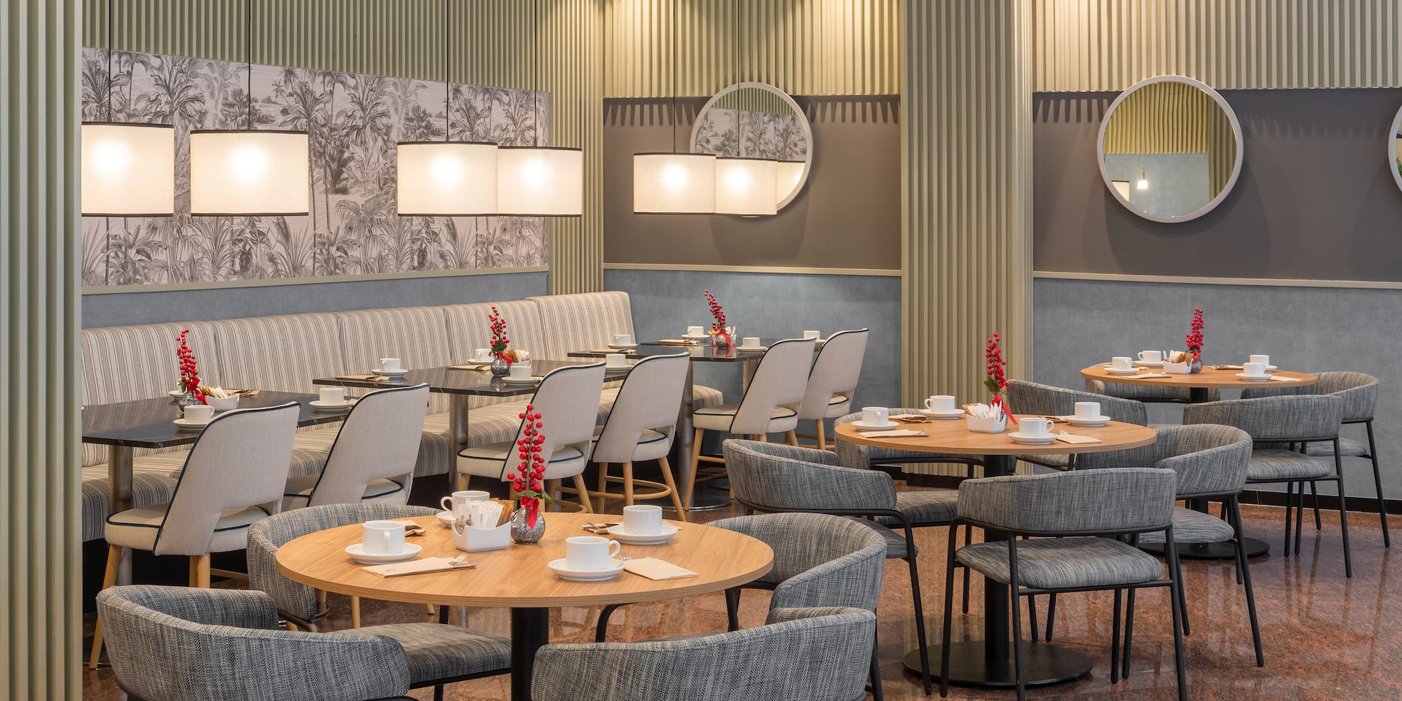 a room with tables and chairs