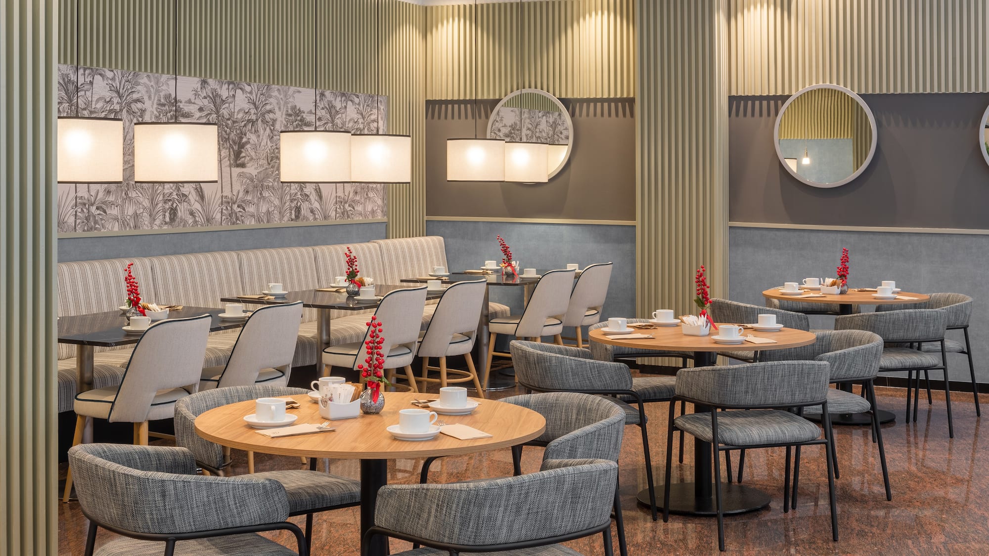 a room with tables and chairs