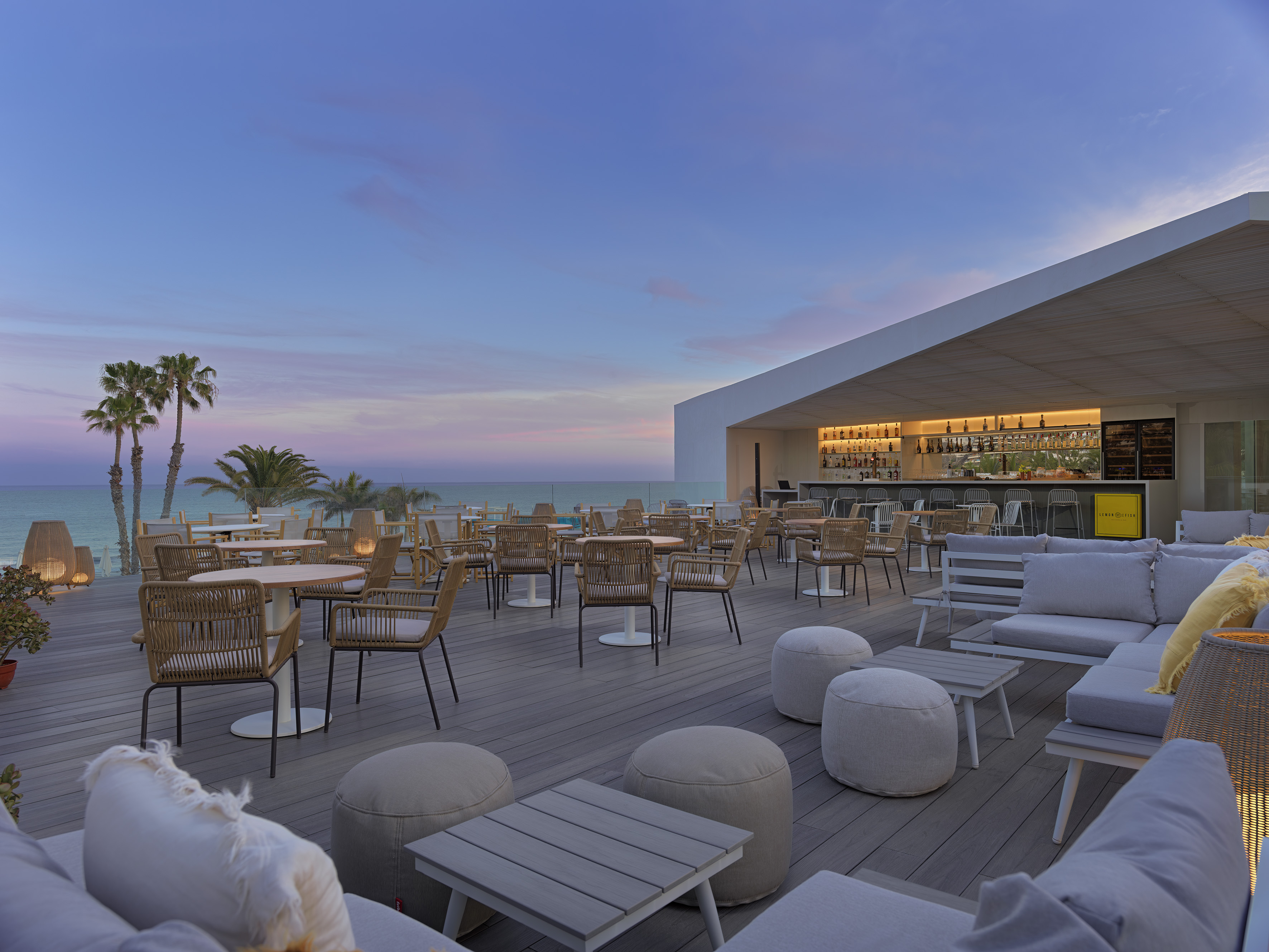 Rooftop bar lounge with ocean view, palm trees, and modern seating at sunset.