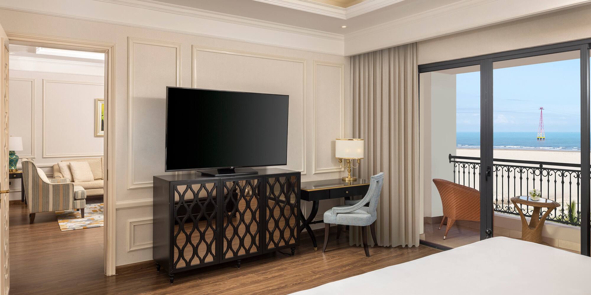 a room with a television and a table