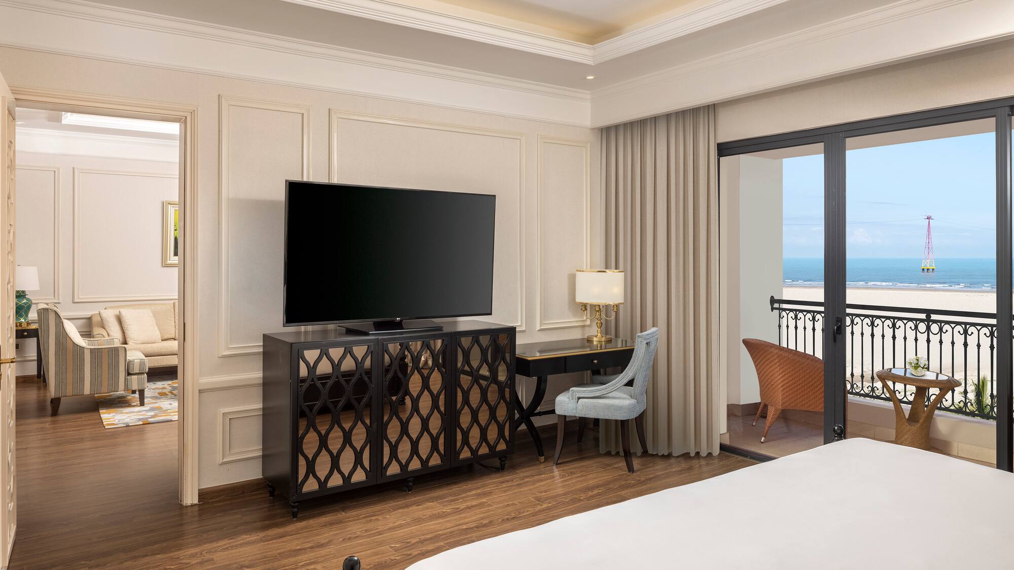 a room with a television and a table