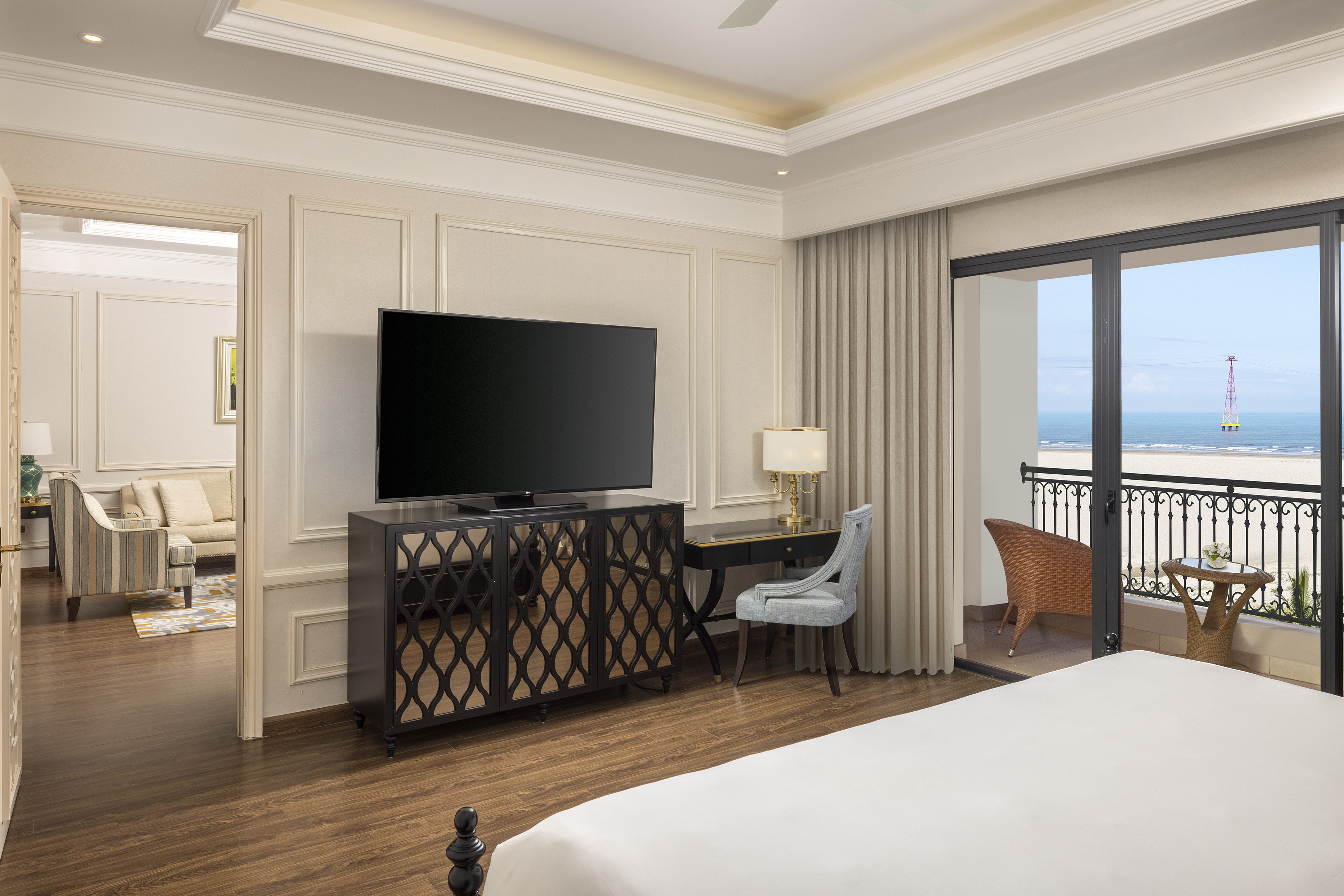 a room with a television and a table