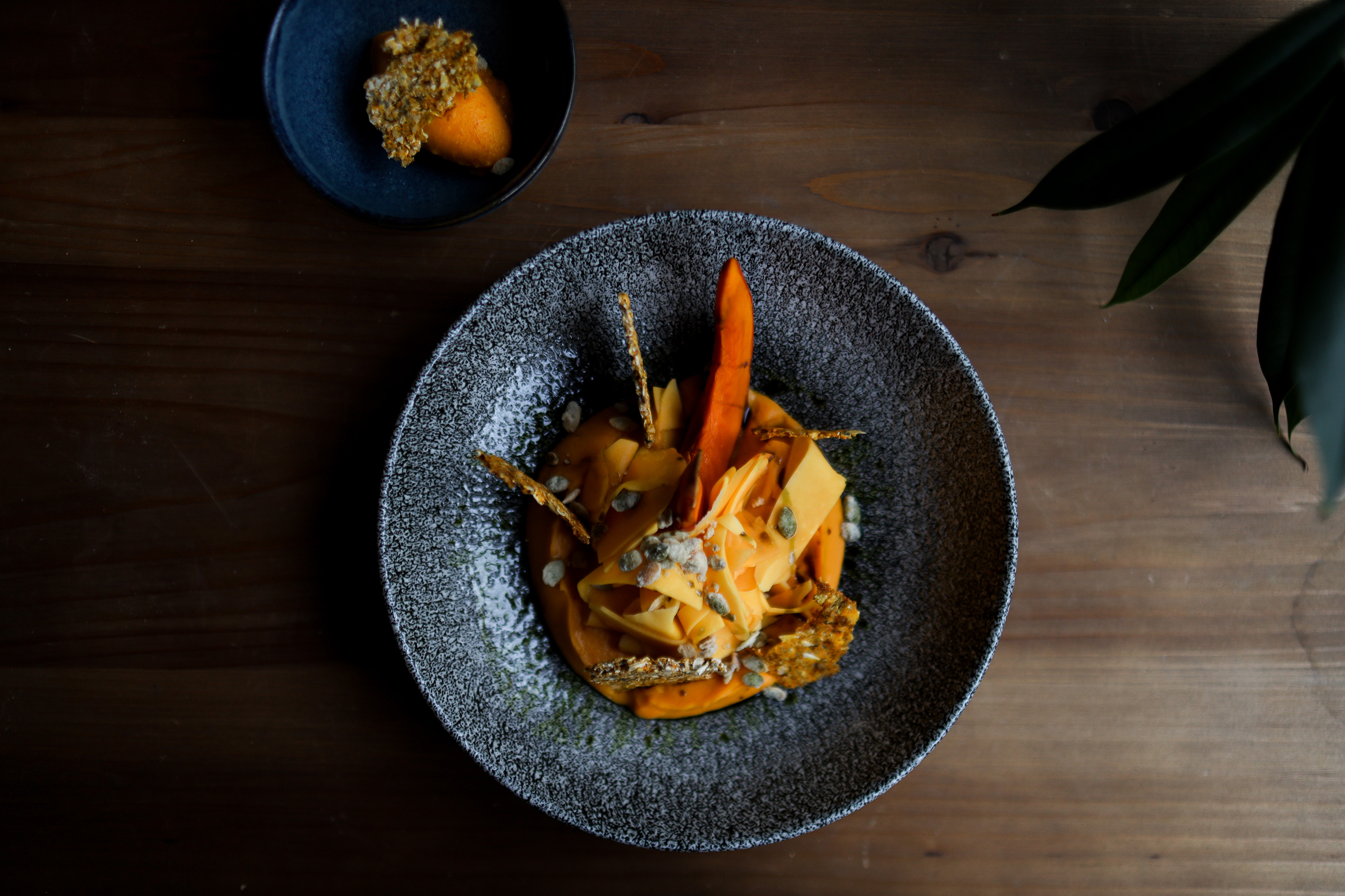 Elegant pumpkin and roasted carrot dish with seeds and crisps on dark wood.
