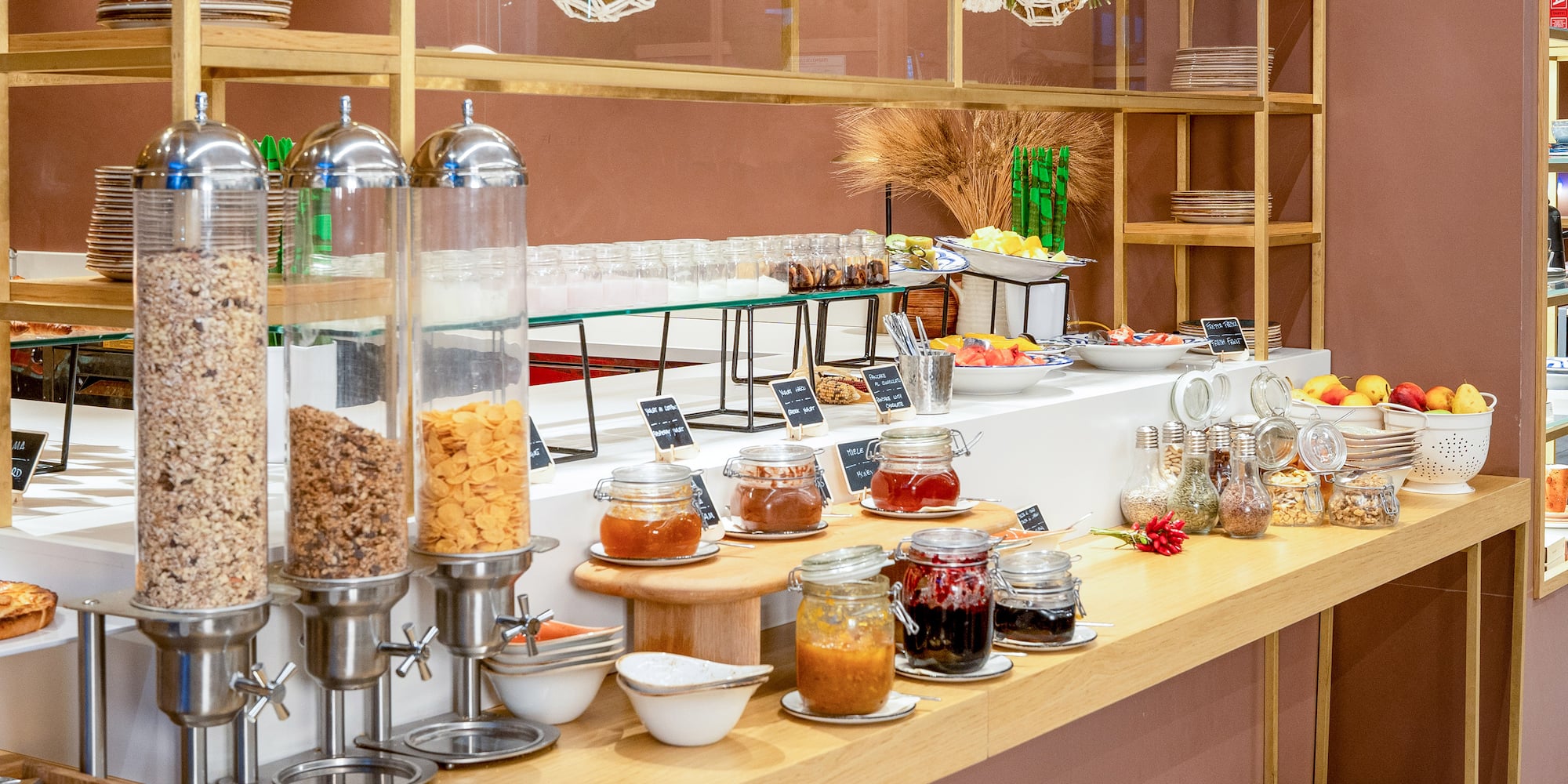 a buffet table with different food items